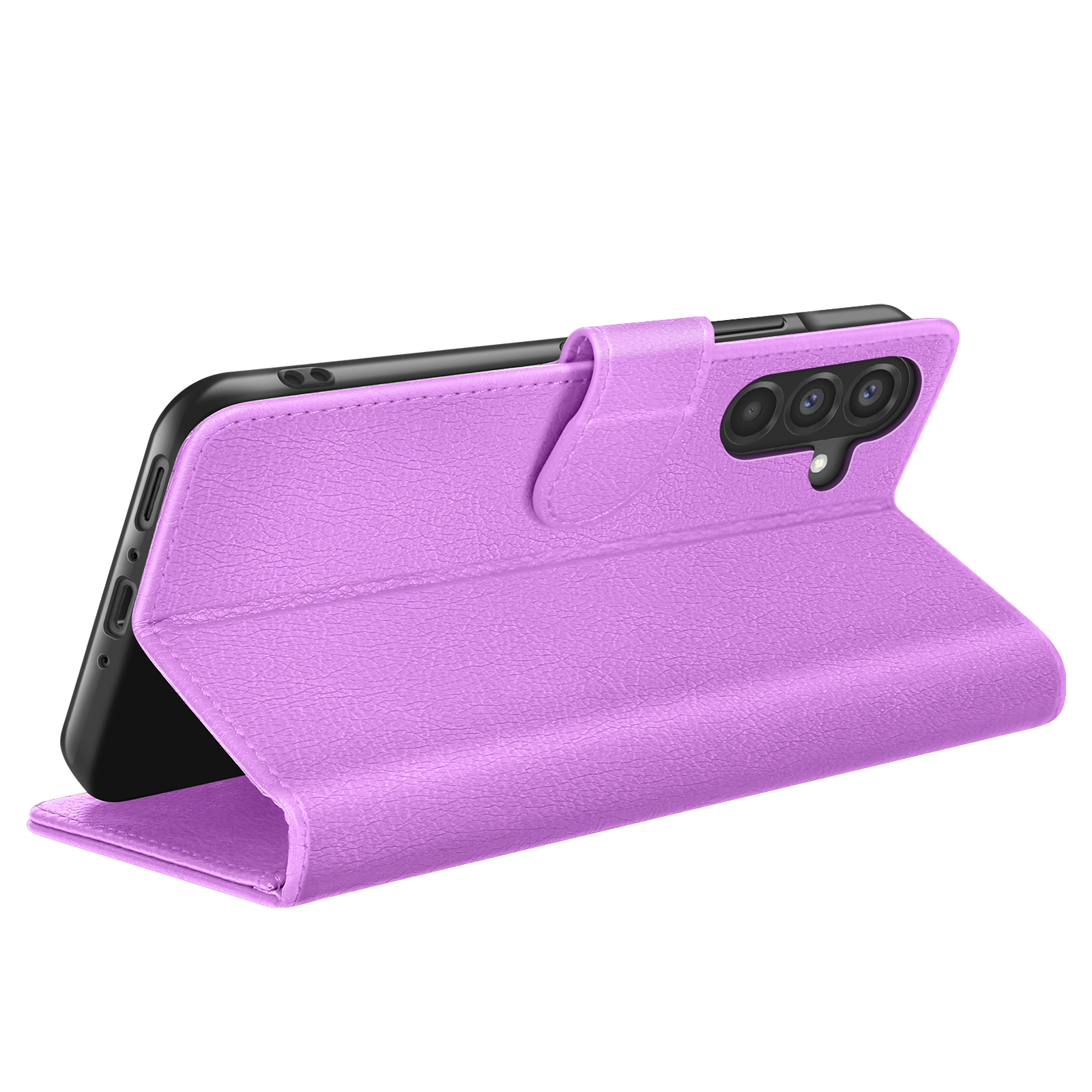 Een paarse telefoonhoes is open en onthult een zwarte telefoon. De hoes heeft een leerachtige textuur.