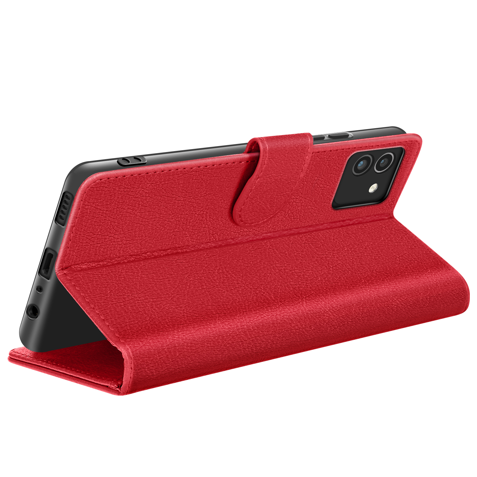 Un étui de téléphone en cuir rouge est ouvert, révélant un téléphone noir. L'étui a une finition texturée et une fermeture magnétique.