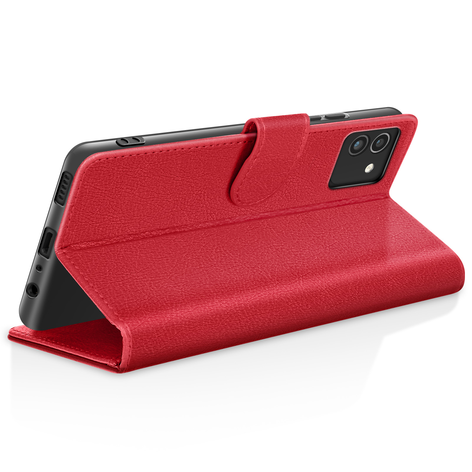 Étui de téléphone en cuir rouge, ouvert. Téléphone à l'intérieur. Fond blanc. L'étui est ouvert et incliné.