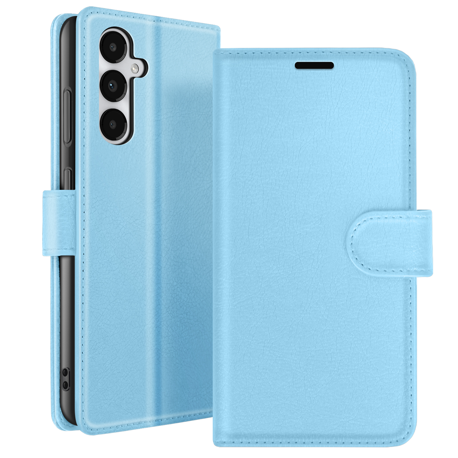 Étui de téléphone bleu clair, ouvert et fermé, avec téléphone. Comprend des découpes de caméra et une fermeture magnétique.