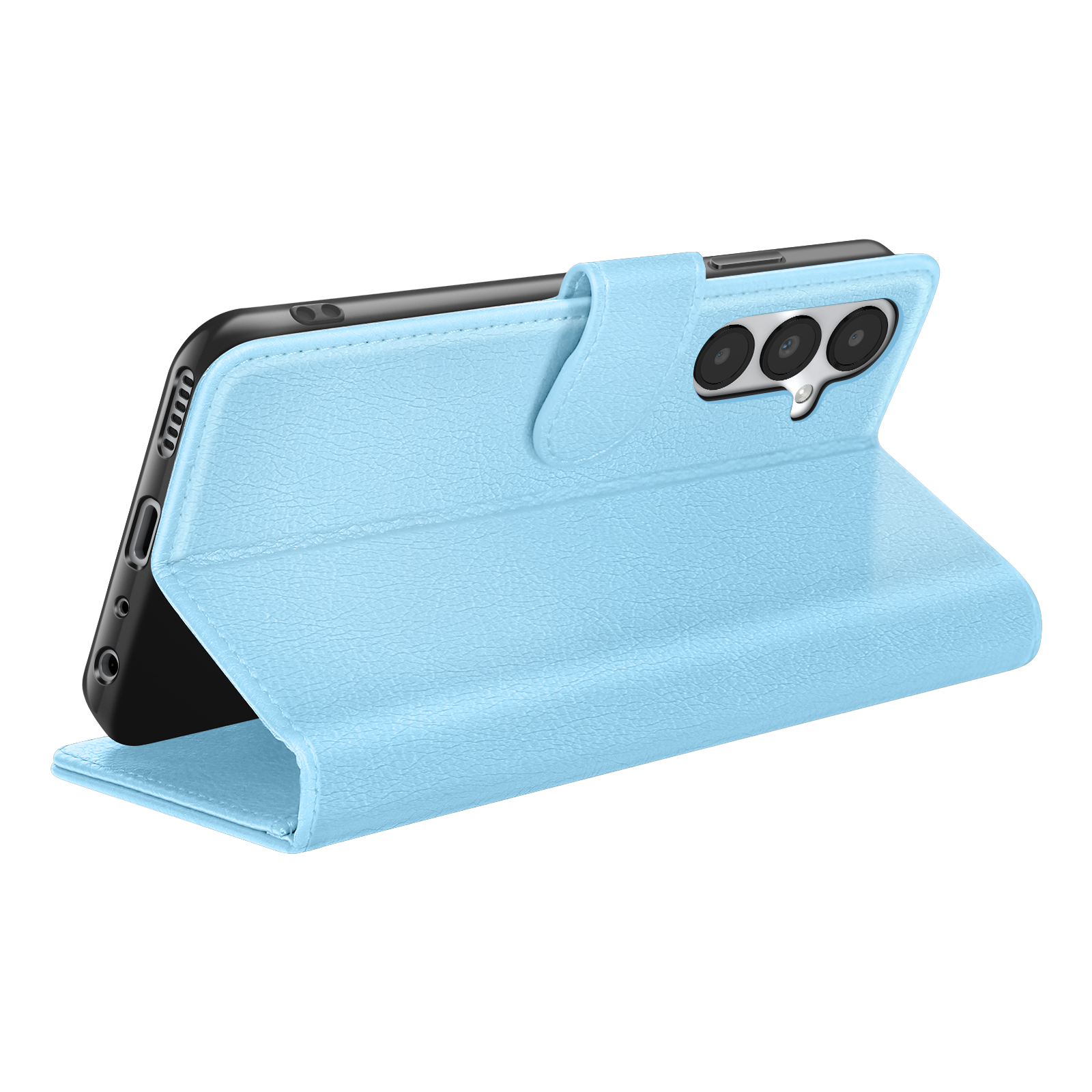 Un étui de téléphone bleu clair est ouvert, révélant un smartphone noir. L'étui a une surface texturée et une découpe pour l'appareil photo.