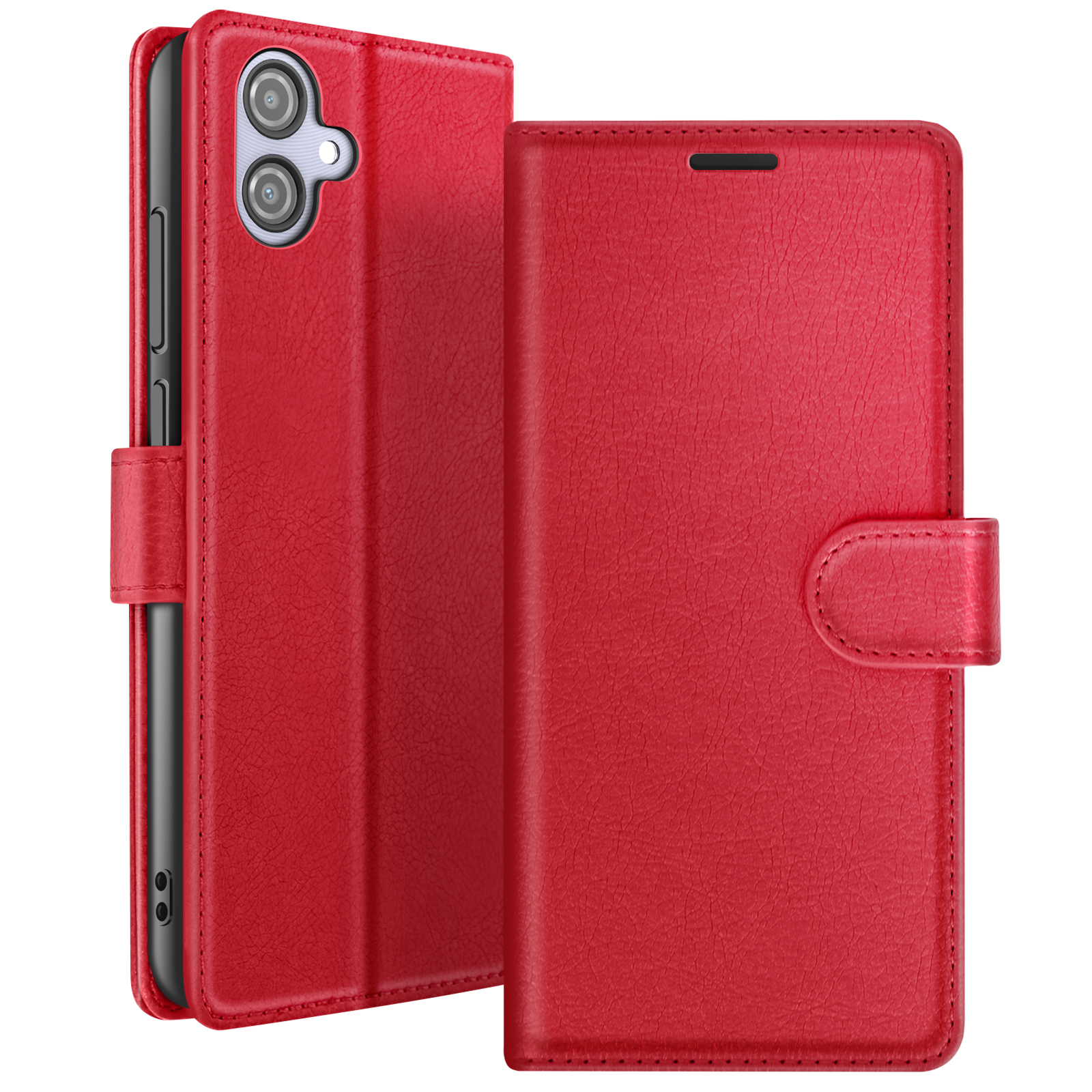 Un étui de téléphone en cuir rouge, ouvert pour révéler un téléphone. L'étui a une fermeture magnétique et une surface texturée.