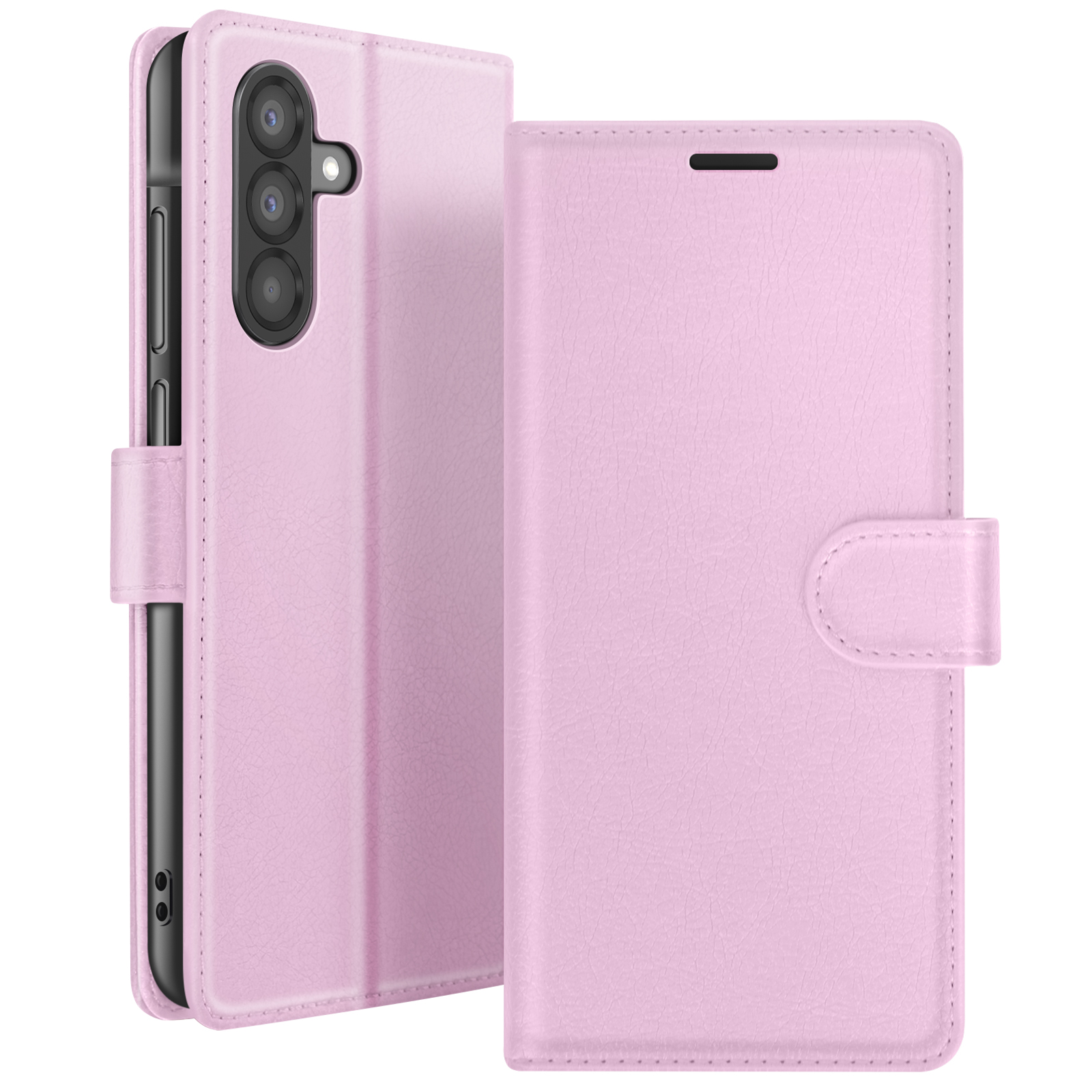 Roze telefoonhoesje met drie cameralenzen. De hoes heeft een magnetische sluiting en een kaartsleuf. De telefoon is zichtbaar.
