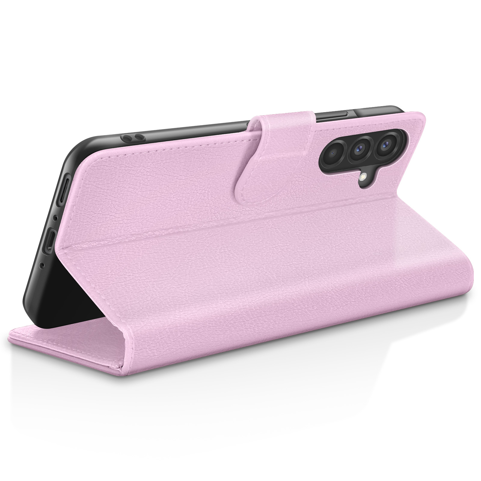 Een roze telefoonhoes in opgevouwen positie, met een zwarte telefoon. De hoes is gemaakt van textuurmateriaal.