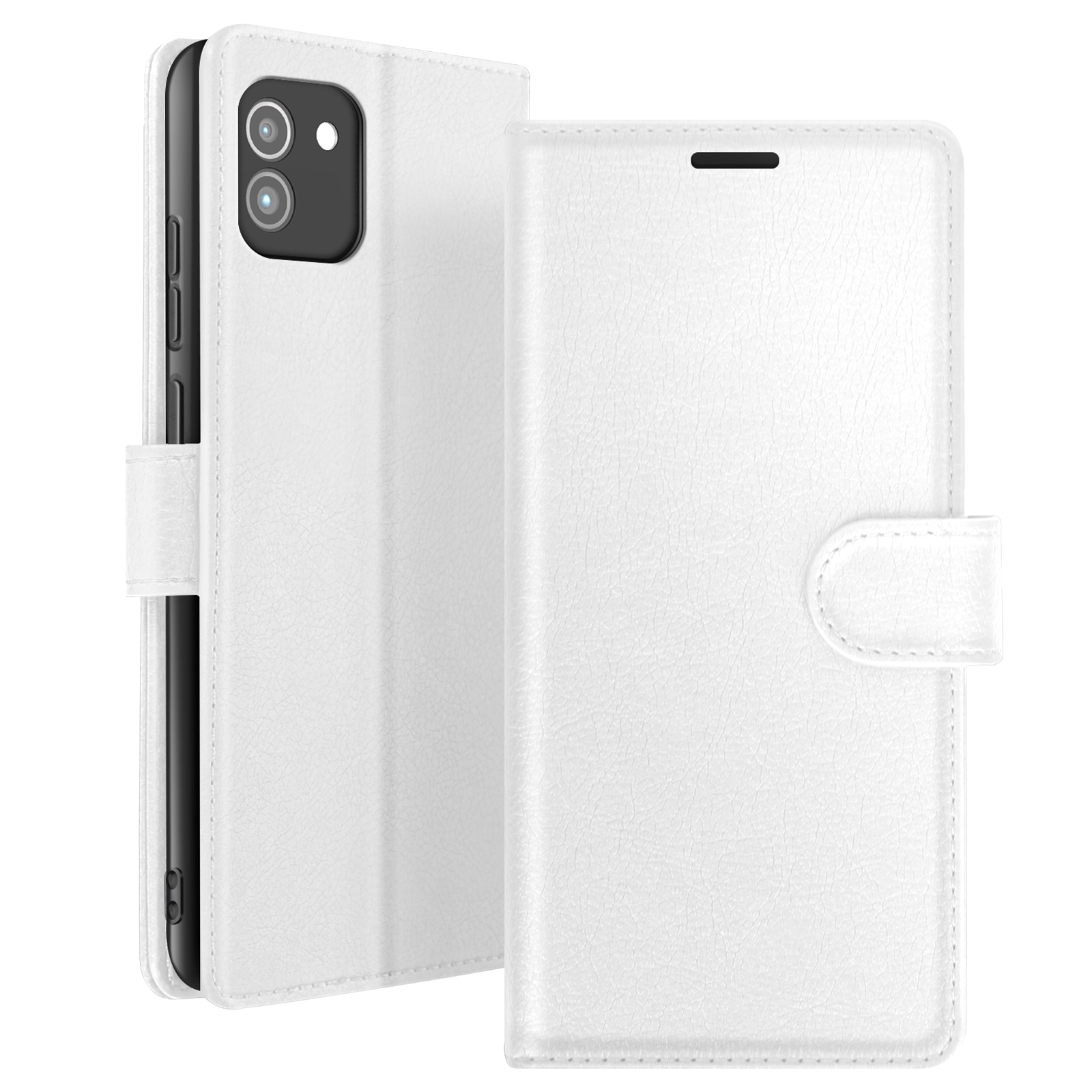 Un étui de téléphone blanc, ouvert et fermé. Il a une surface texturée et une fermeture magnétique.