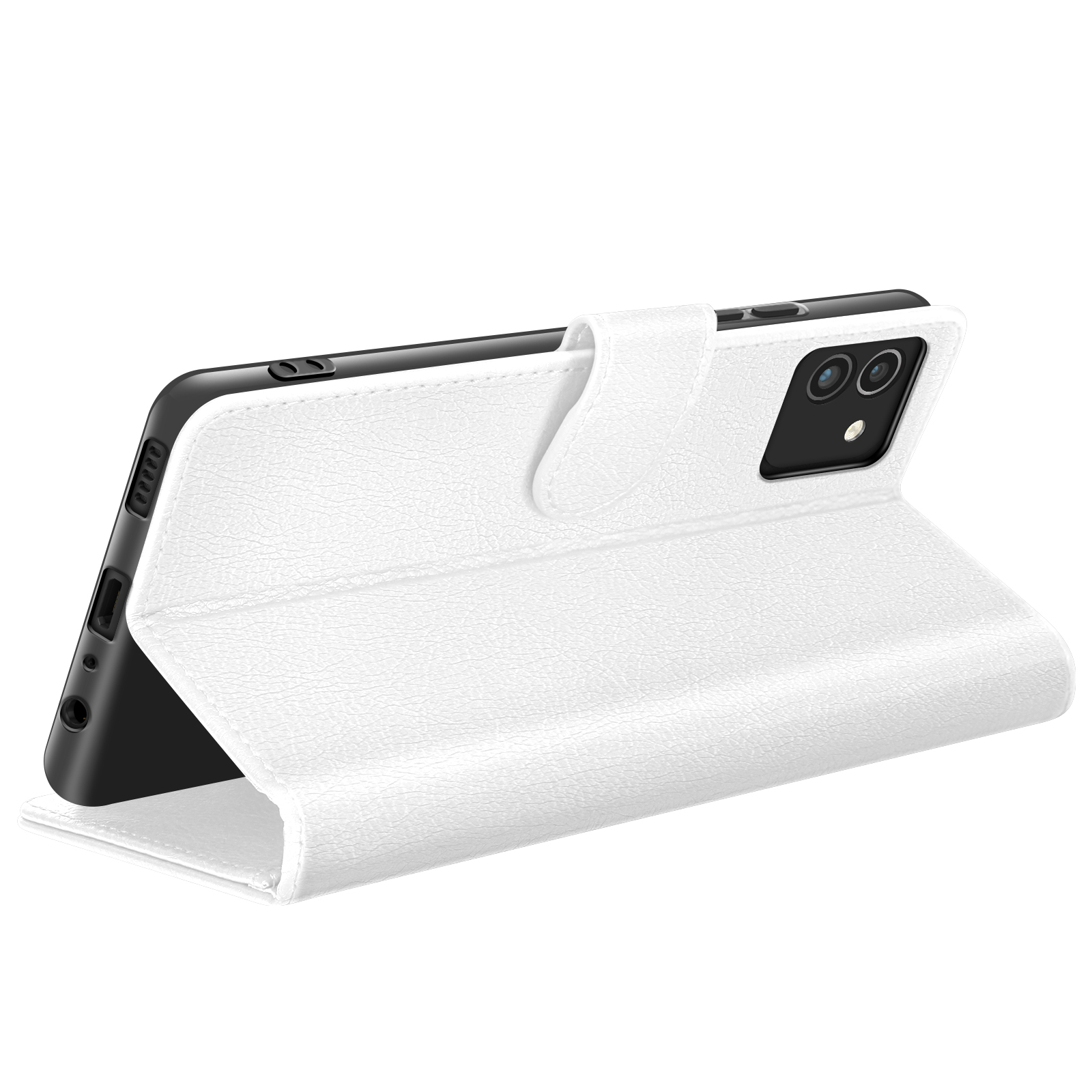Un étui de téléphone en cuir blanc, ouvert pour révéler le téléphone. L'étui a une fermeture magnétique.