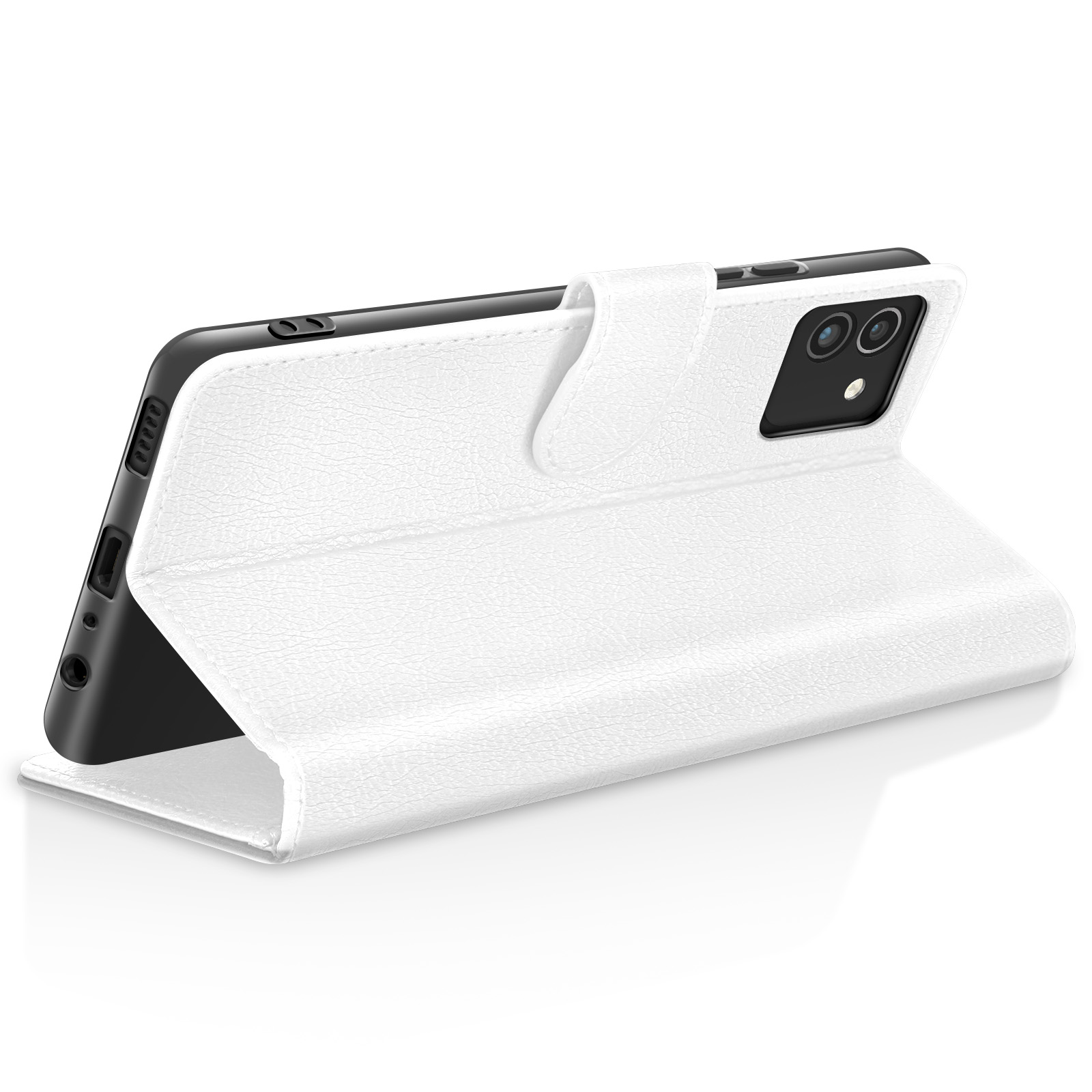Étui de téléphone en cuir blanc, ouvert. Téléphone noir visible. L'étui est sur fond blanc.