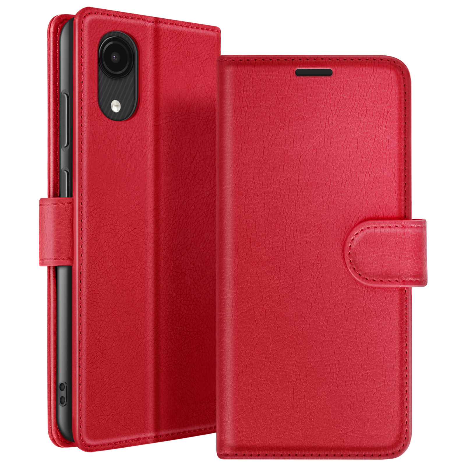 Custodia per telefono in pelle rossa. È aperta, mostrando un telefono, e chiusa. Un fermaglio assicura la custodia.