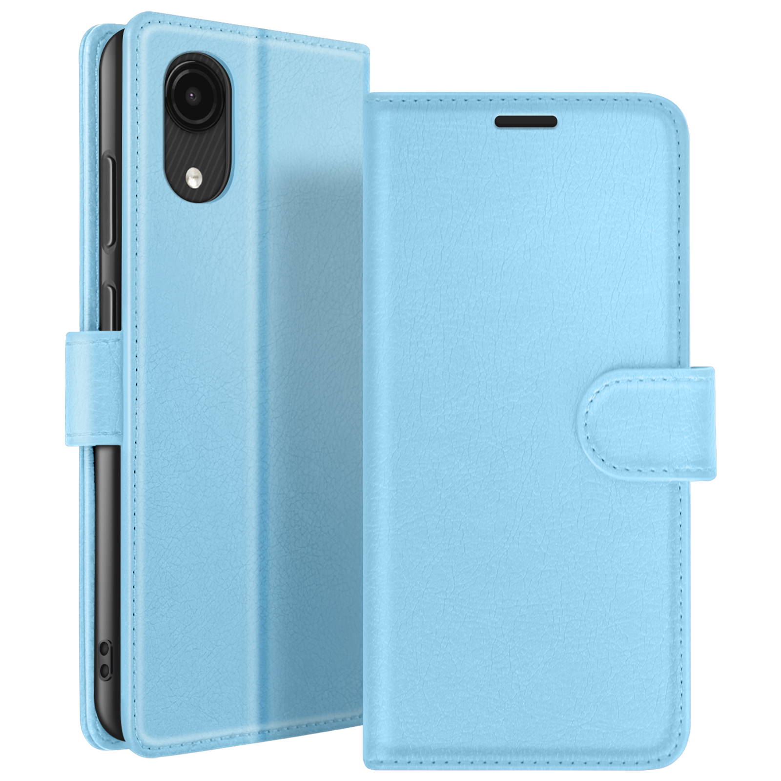 Una custodia per telefono azzurra, aperta per rivelare il telefono. La custodia ha una finitura strutturata e una chiusura magnetica.