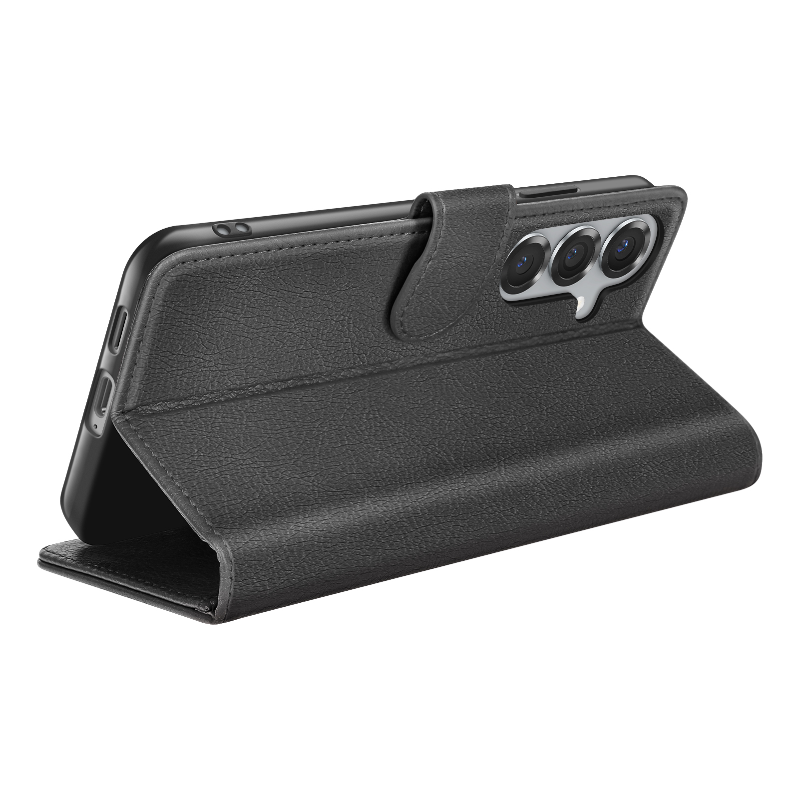 Een zwarte telefoonhoes met een flipcover, open om een smartphone te onthullen. De cover heeft een magnetische sluiting.