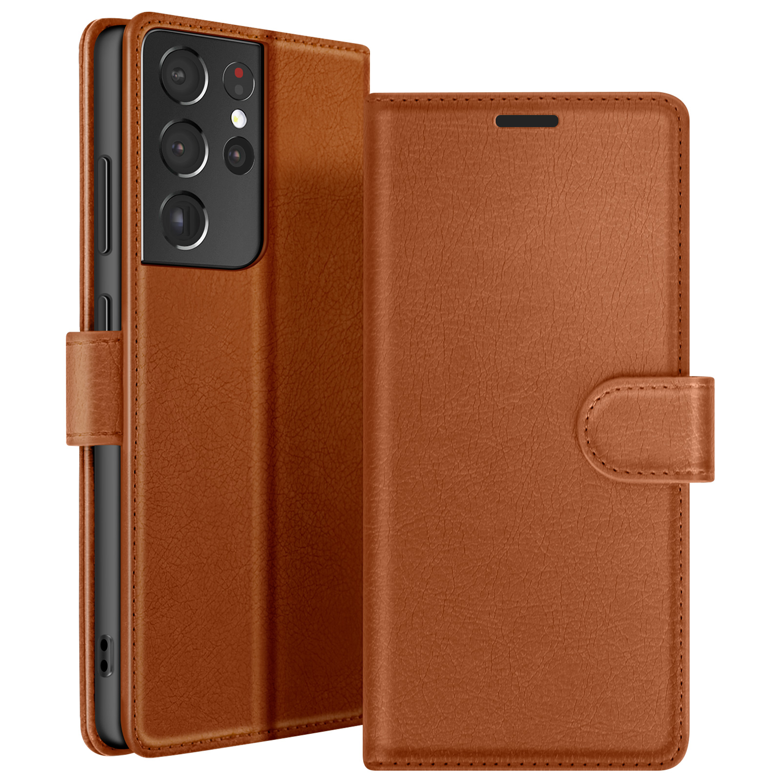 Un étui de téléphone en cuir marron avec un téléphone à l'intérieur. L'étui est ouvert, montrant les caméras du téléphone.