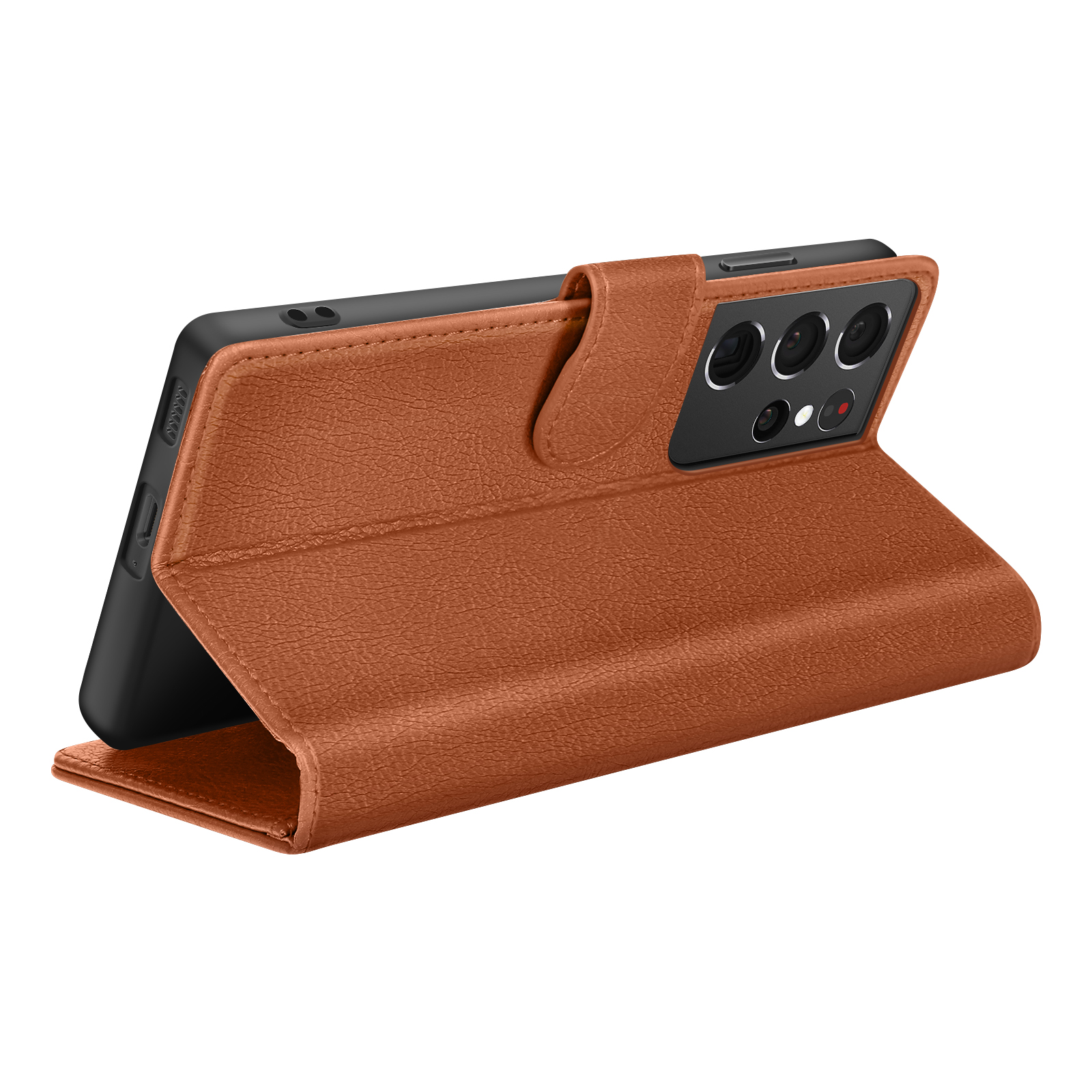 Un étui de téléphone en cuir marron avec un téléphone noir à l'intérieur. L'étui est ouvert et debout. Fond blanc.