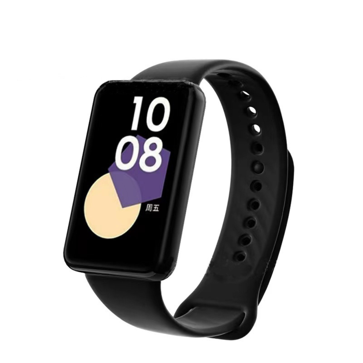 Uno smartwatch nero mostra '10 08' con un grafico viola e beige. L'orologio ha un cinturino nero e si trova su sfondo bianco.