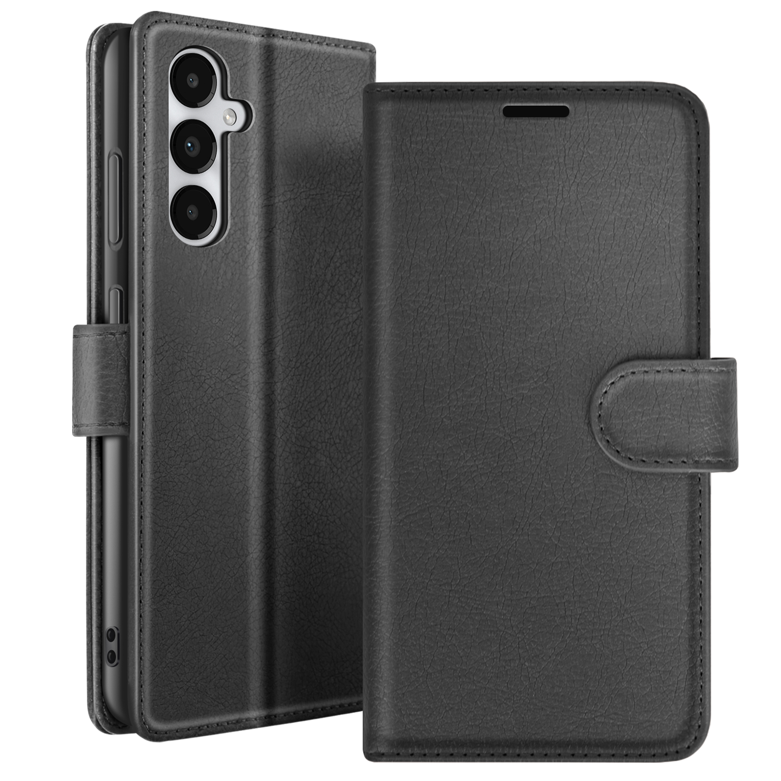 Zwarte leren telefoonhoes. De hoes is open en toont de telefoon met camera's. De klep heeft een magnetische sluiting.