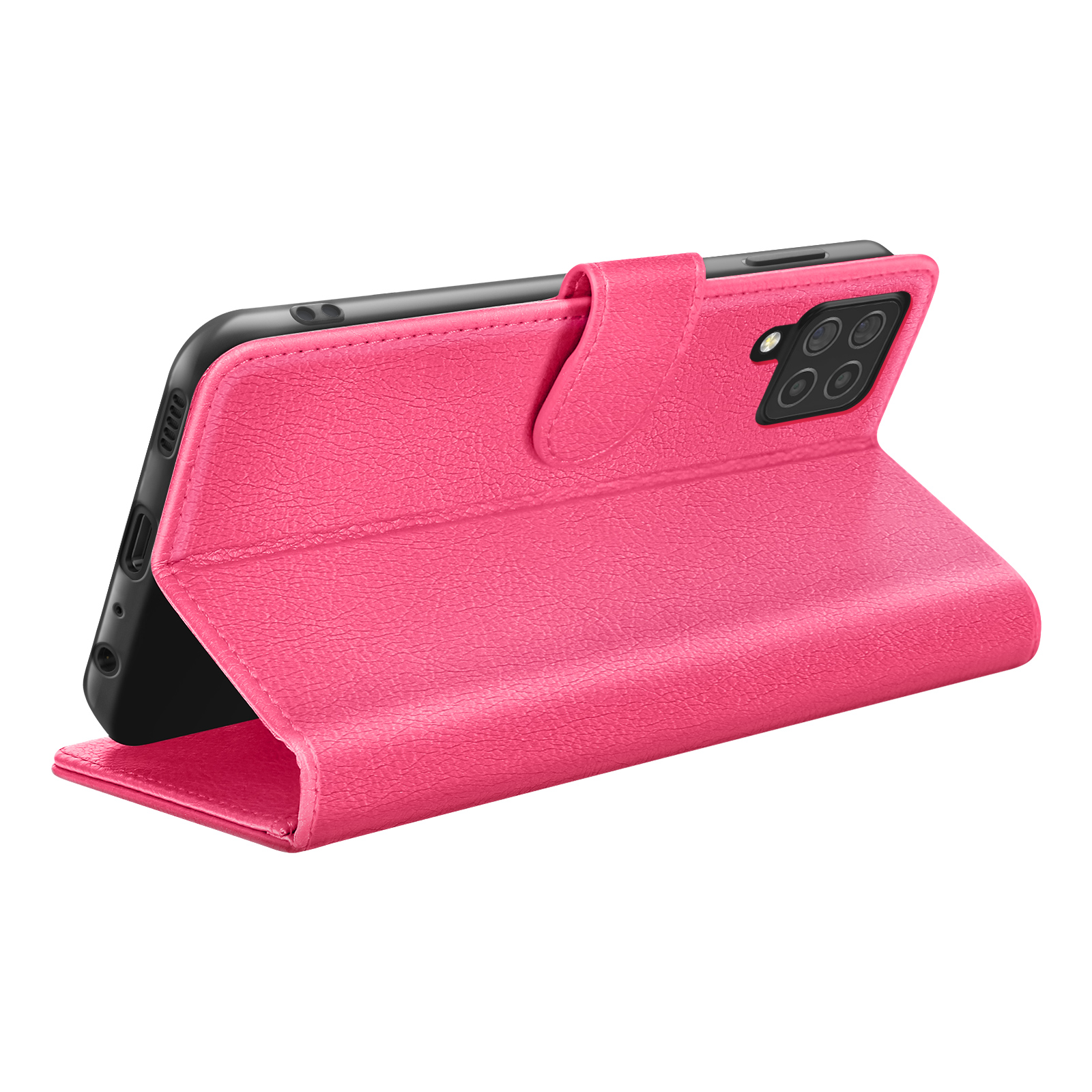 Roze telefoonhoesje, open om de telefoon te laten zien. De hoes heeft een gestructureerd oppervlak en een magnetische sluiting.
