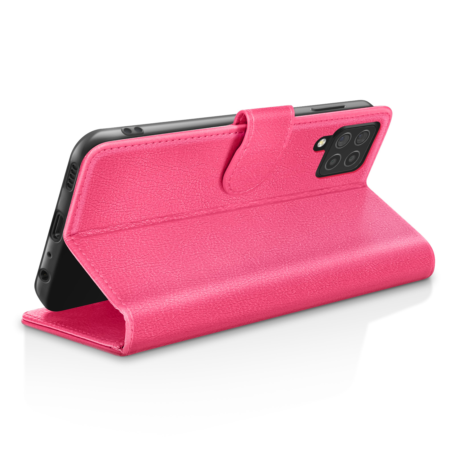 Roze telefoonhoes met telefoon erin, op een witte achtergrond. De hoes is open en toont het scherm.