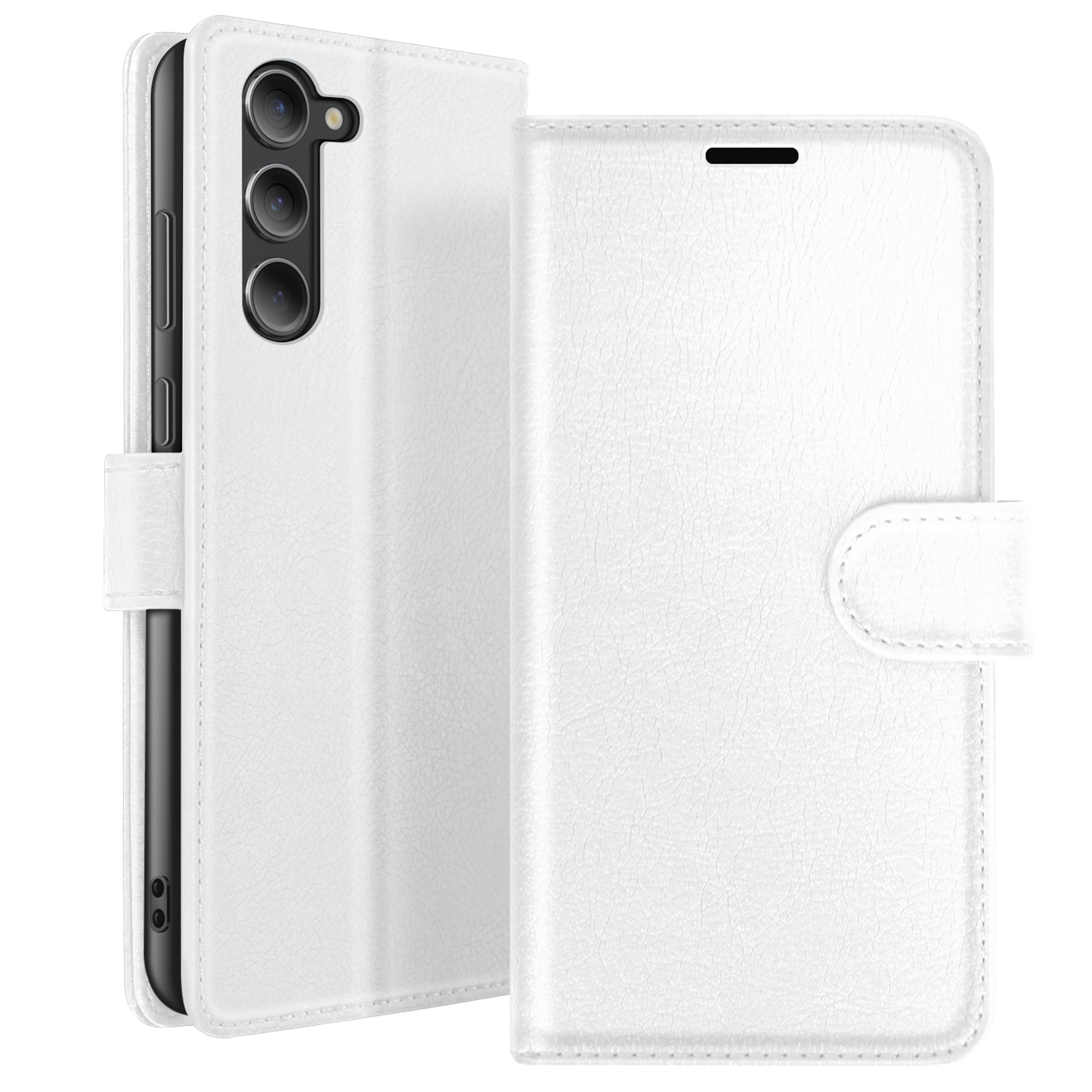 Witte leren telefoonhoes, open. Telefoon links zichtbaar. De hoes heeft een magnetische sluiting.