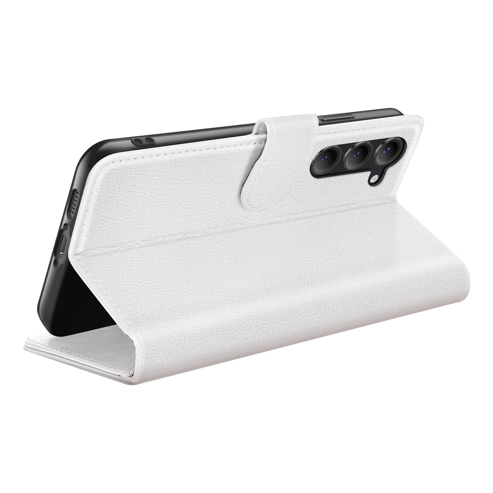 Een witte telefoonhoes met een zwarte telefoon erin. Het heeft een leertextuur en een magnetische sluiting.