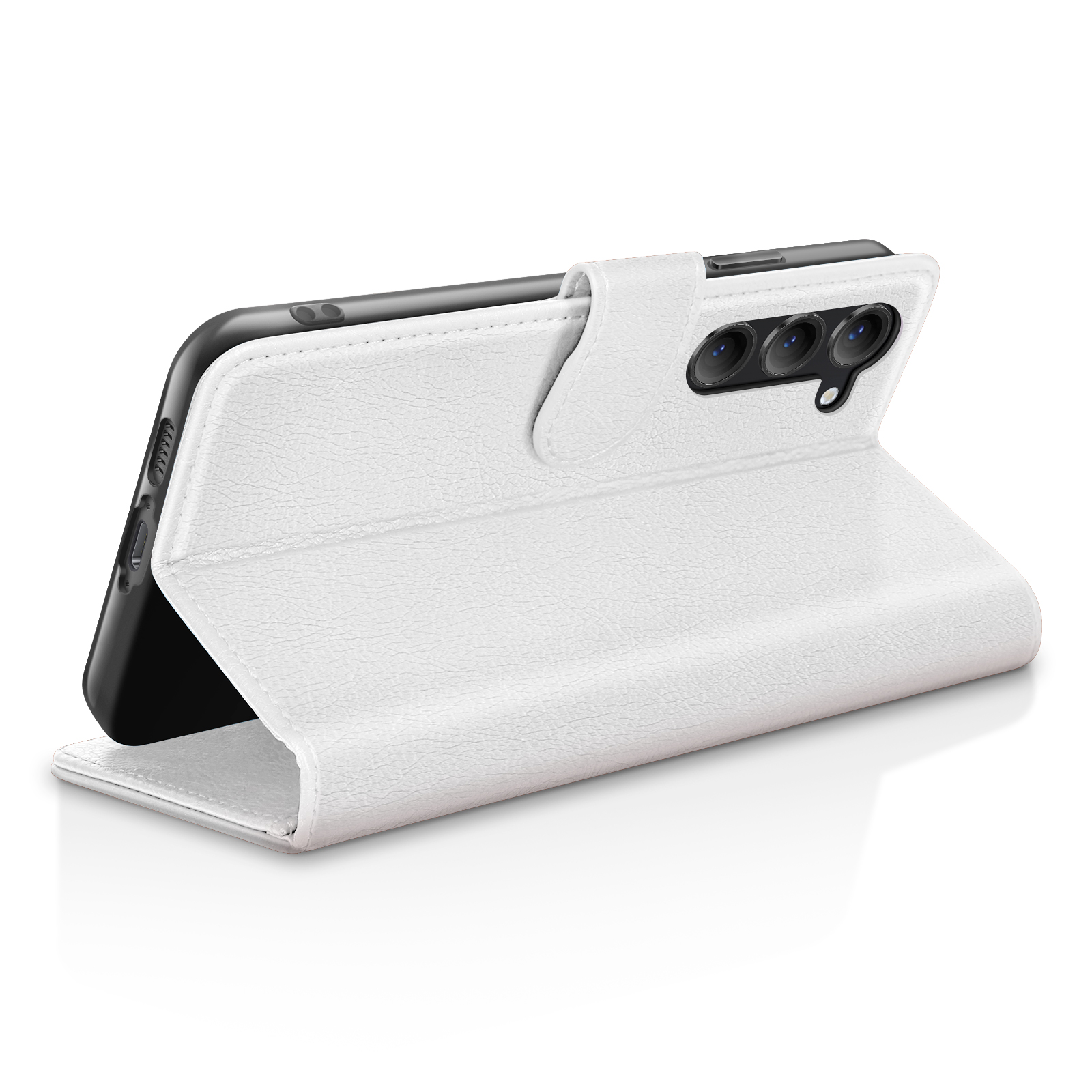 Een witte telefoonhoes met een zwarte telefoon erin. De hoes is open en toont de camera's van de telefoon. De achtergrond is wit.