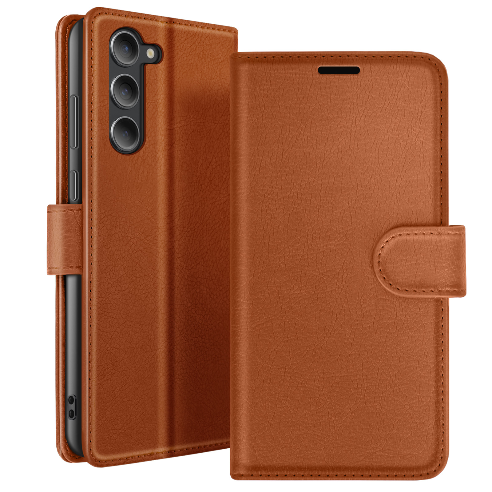 Een bruine leren telefoonhoes, open. De telefoon zit erin. De hoes heeft een magnetische sluiting.
