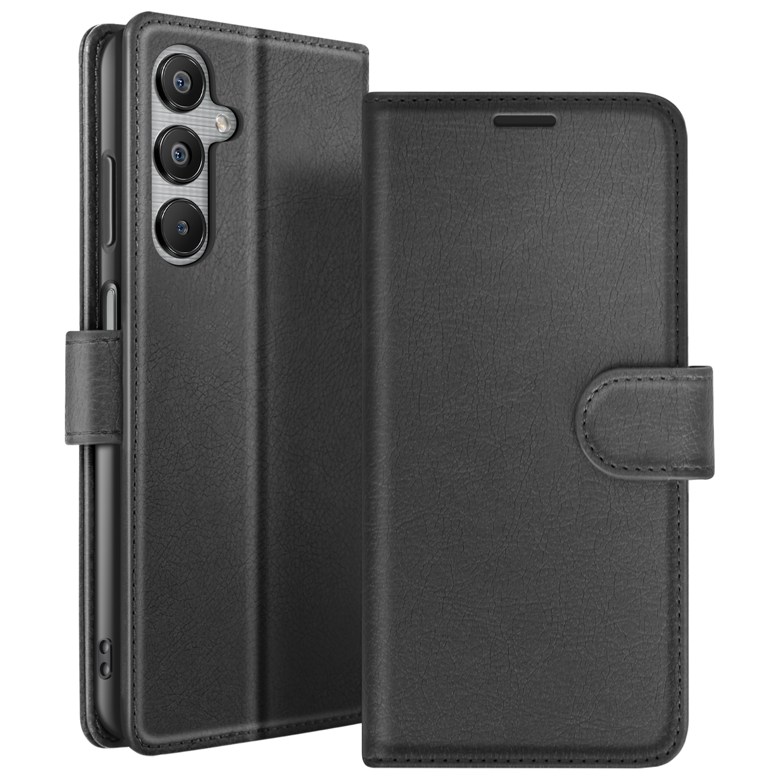 Un étui de téléphone noir est ouvert, révélant le téléphone. L'étui a une surface texturée et une fermeture magnétique.