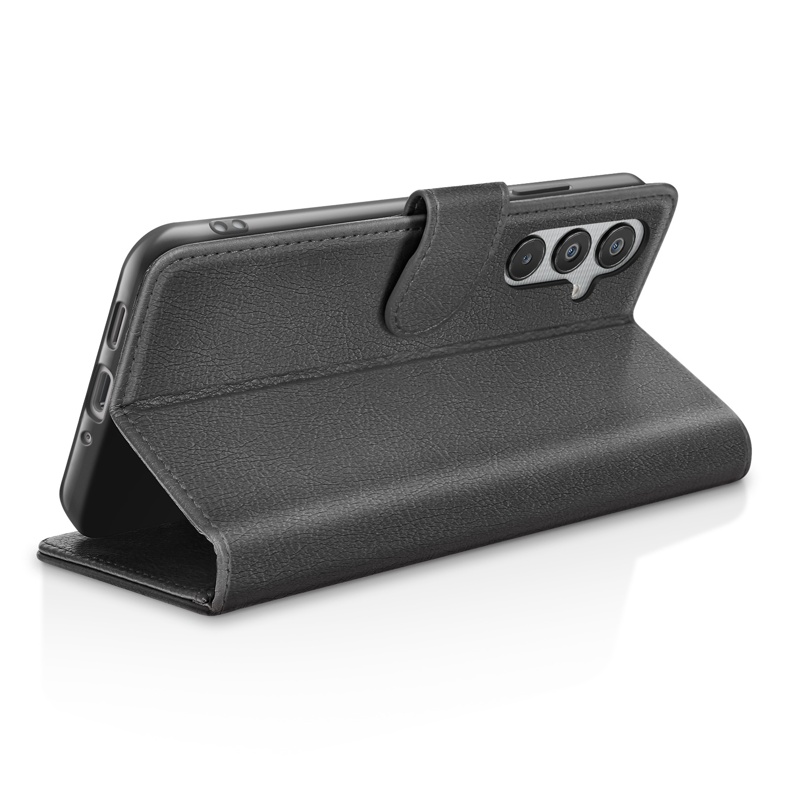 Un étui de téléphone noir avec un téléphone à l'intérieur est affiché, légèrement incliné. L'étui est ouvert, montrant les caméras du téléphone.