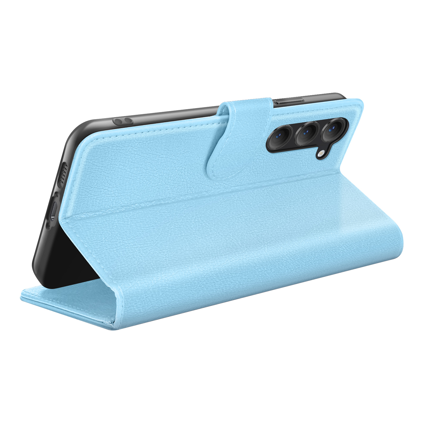 Un étui de téléphone bleu clair, ouvert et en cours d'utilisation. Le téléphone est noir et l'étui a une finition texturée semblable au cuir.