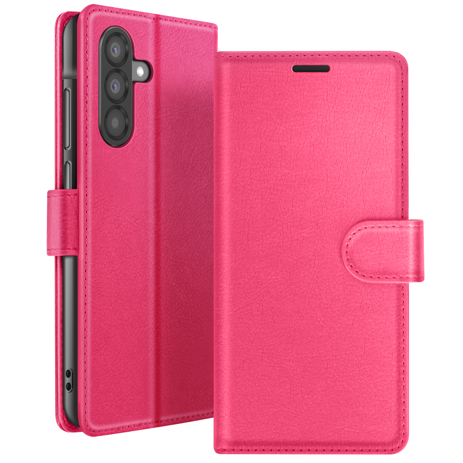 Een roze telefoonhoesje met een portemonnee-ontwerp. Het heeft een magnetische sluiting en een getextureerd oppervlak.