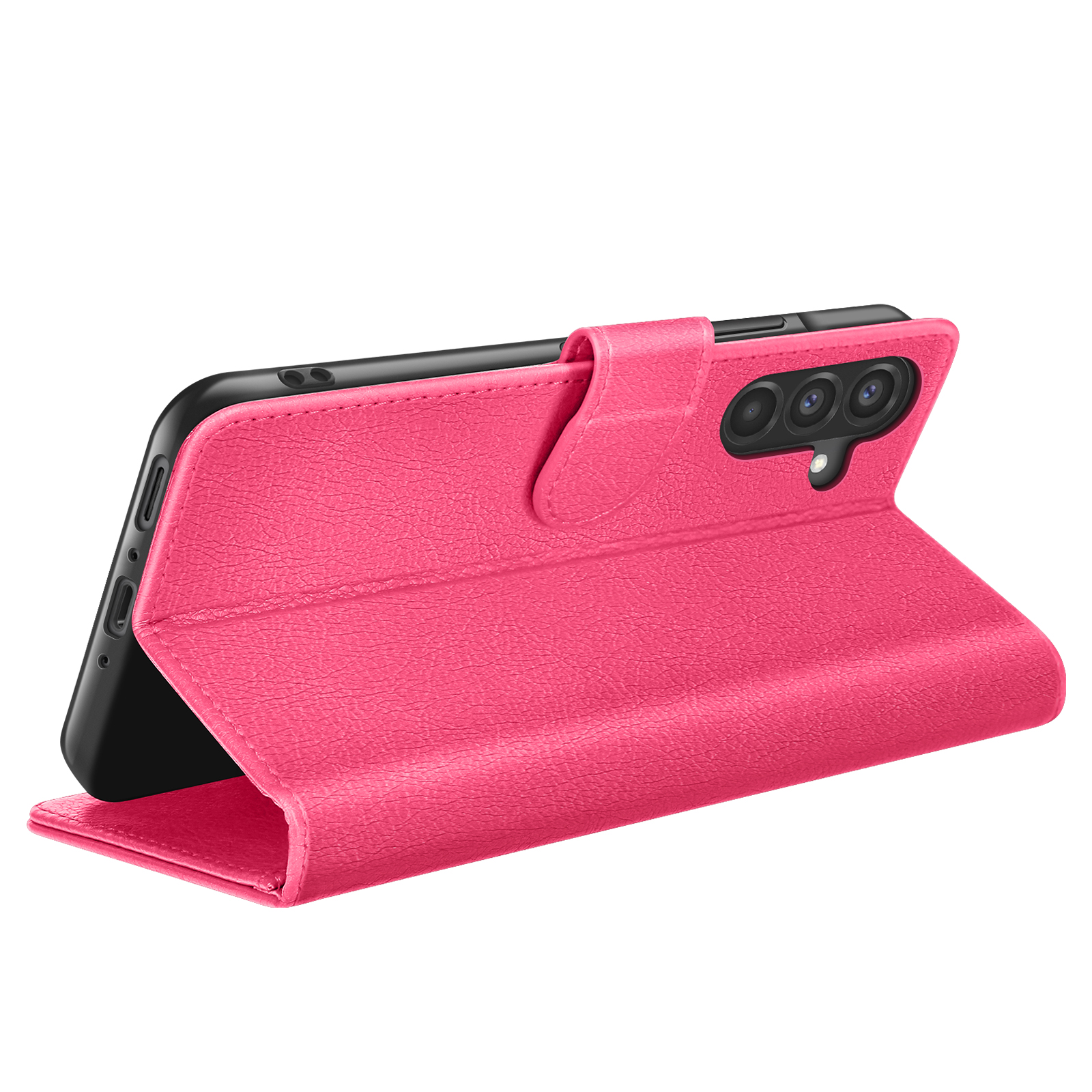 Een roze telefoonhoesje is open, waardoor een zwarte telefoon zichtbaar is. De hoes heeft een textuur en een magnetische sluiting.