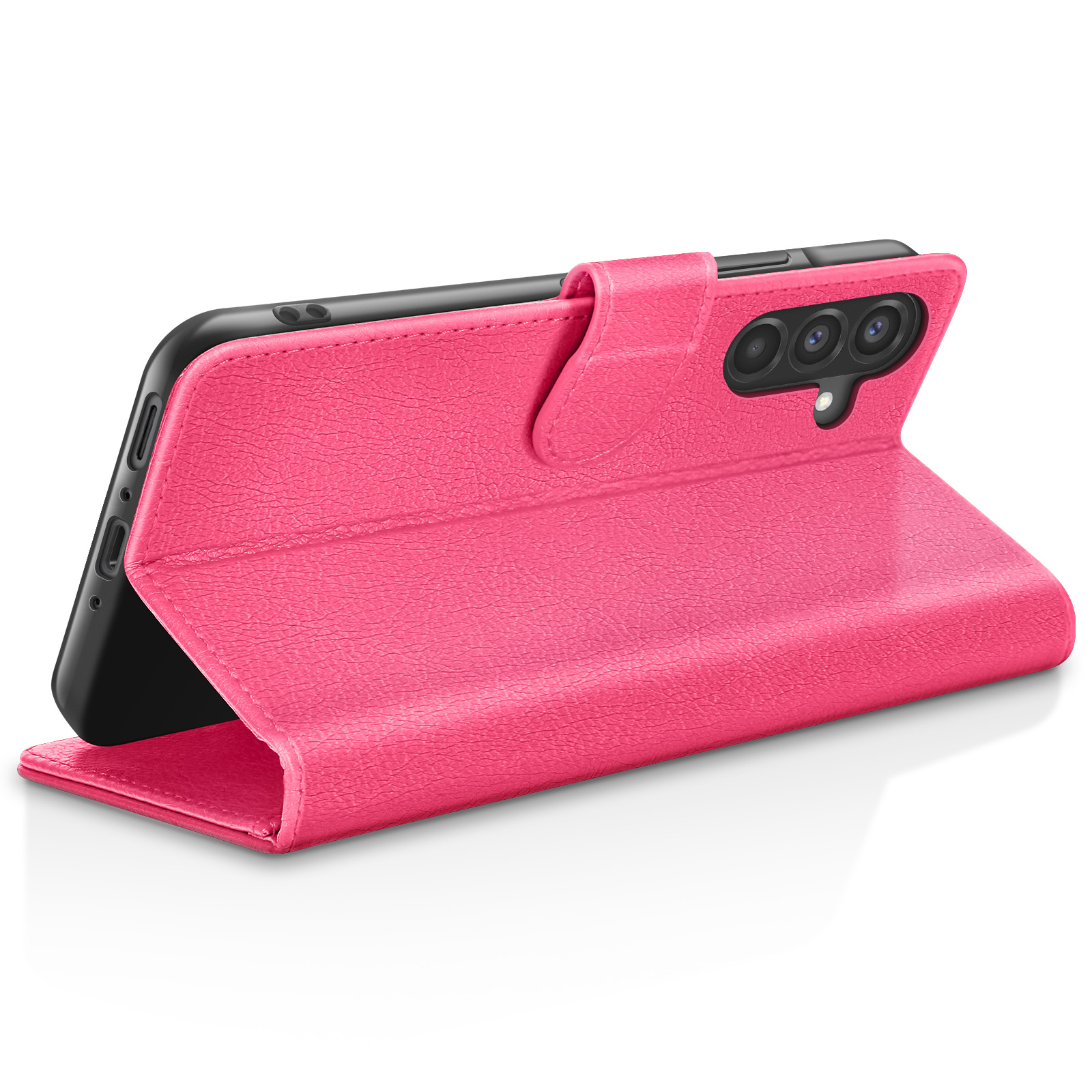 Een roze telefoonhoesje met een telefoon erin. De hoes is open en toont het scherm. De achtergrond is wit.