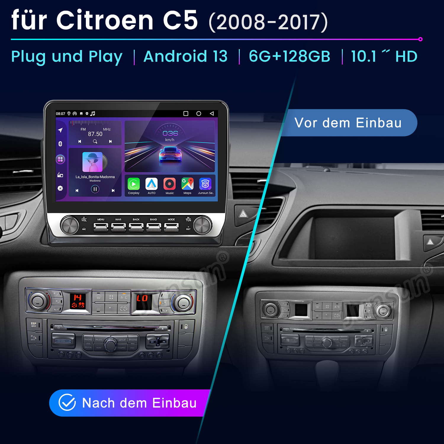 Vergleich des Armaturenbretts eines Autos vor und nach der Installation eines neuen Infotainmentsystems. Anzeige zeigt Radio, GPS und Fahrzeuginformationen.