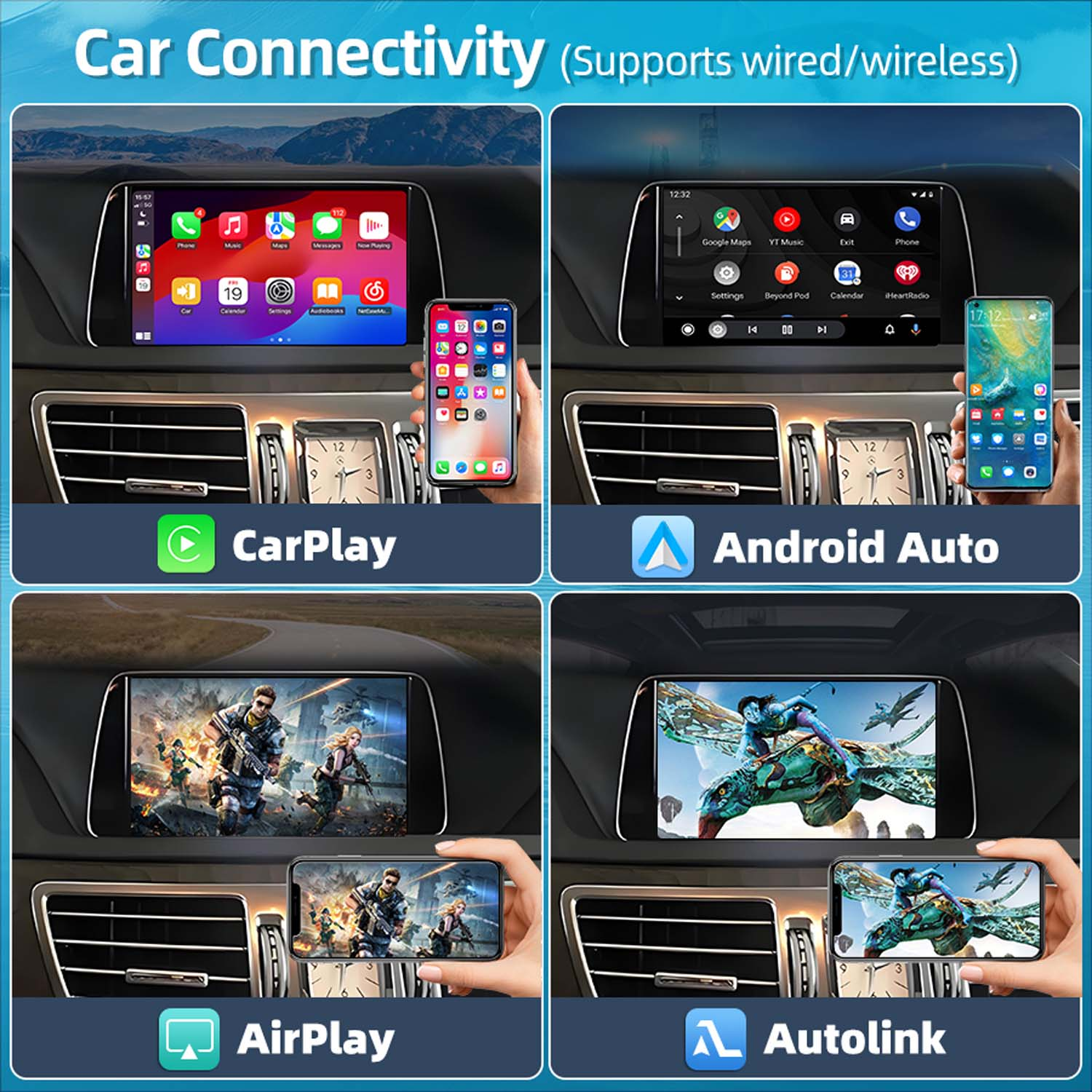 Das Bild zeigt Optionen zur Konnektivität im Auto: CarPlay, Android Auto, AirPlay und Autolink. Jedes wird auf dem Bildschirm des Autos und einem Telefon angezeigt.