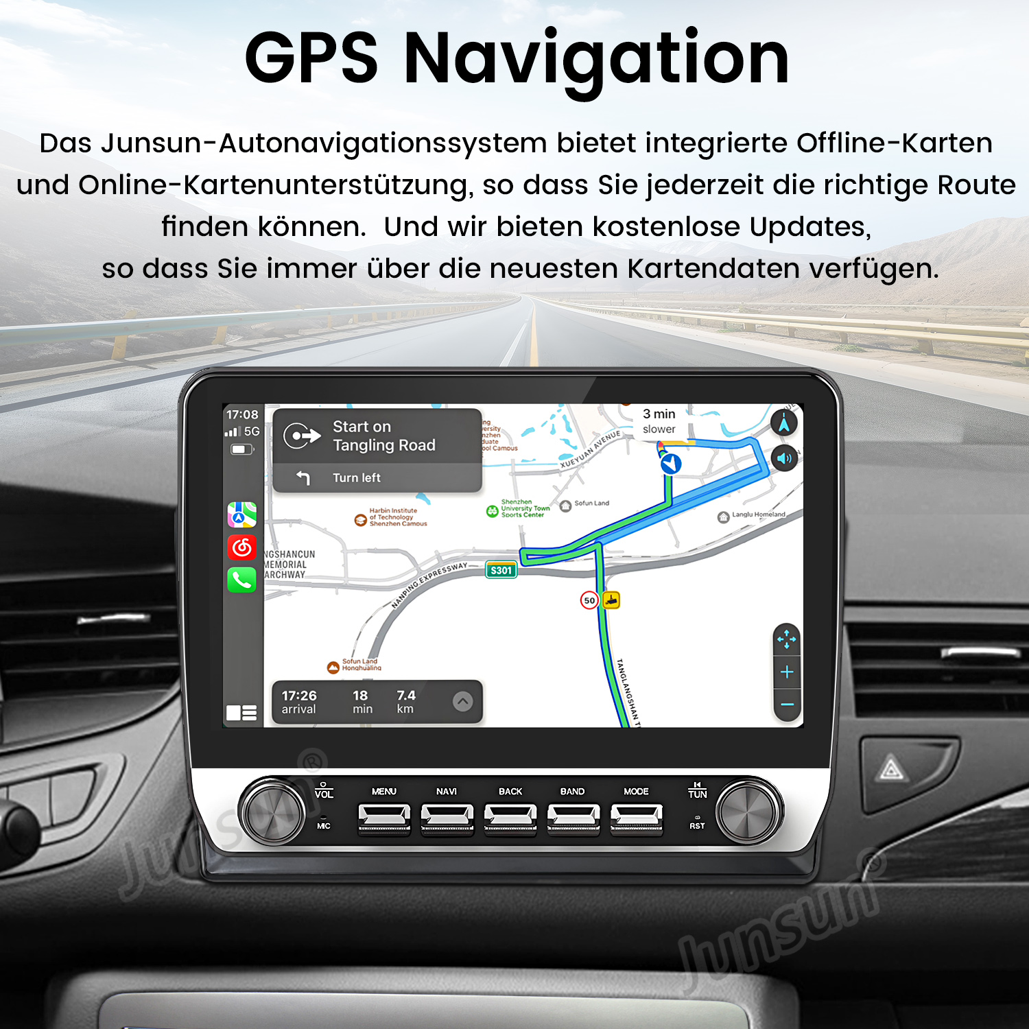 Auto-GPS-Navigationsbildschirm mit Routenkarte, Abbiegehinweisen und verschiedenen Steuertasten.