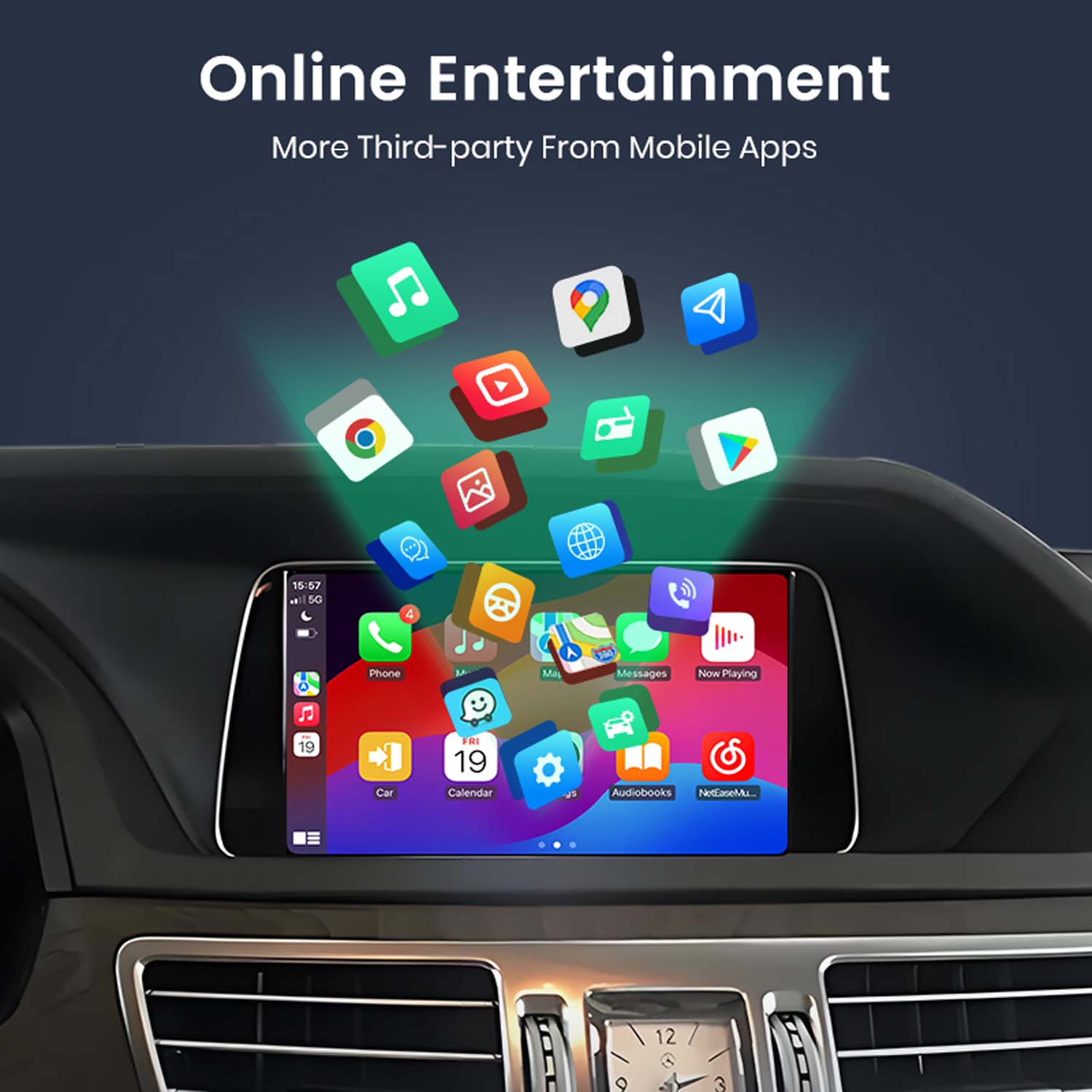 Auto-Infotainmentsystem mit App-Symbolen. Der Bildschirm zeigt Telefon-, Kalender- und Musik-Apps. Oben steht "Online Entertainment".