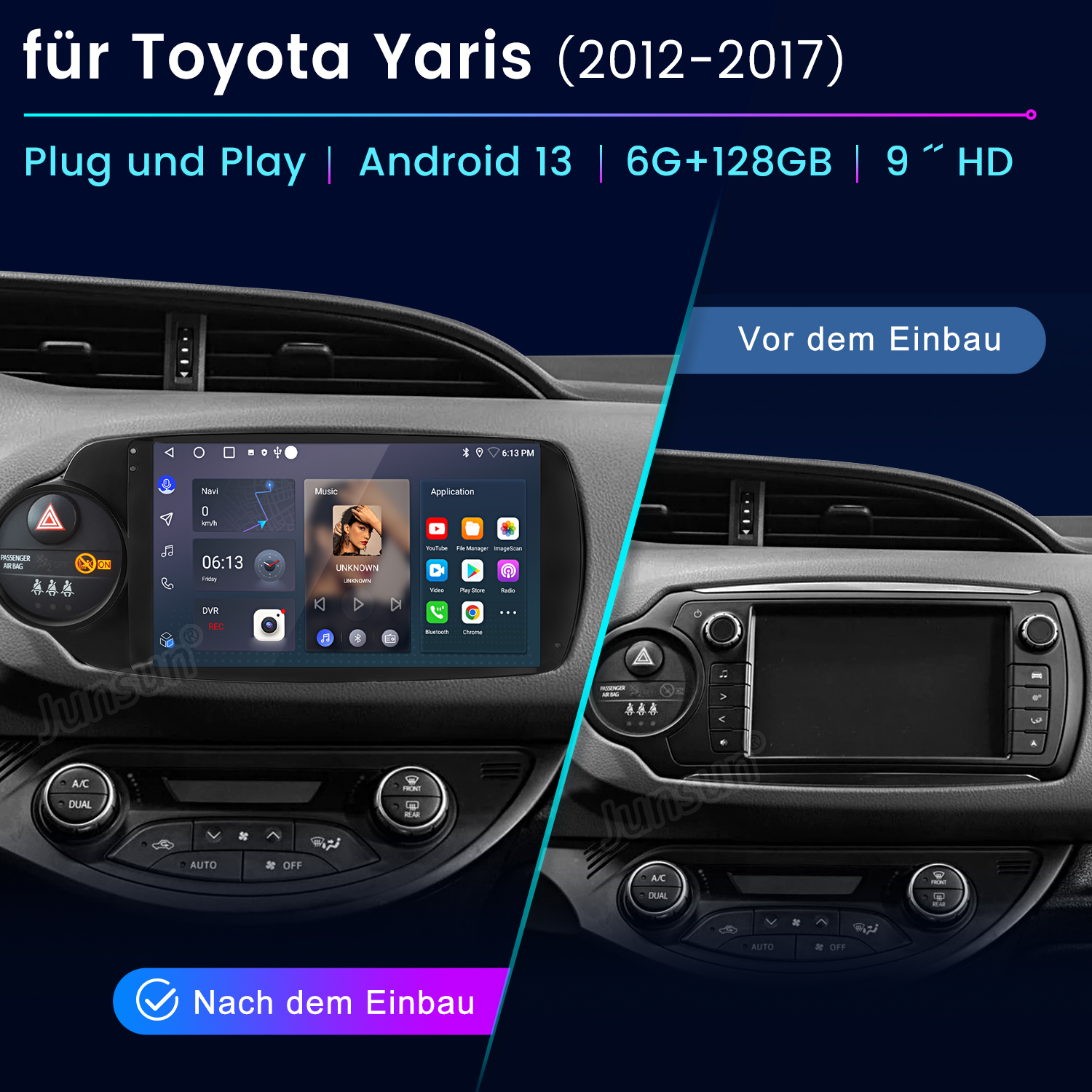 Autotafel mit neu installiertem Android-Bildschirm, der Navigations- und Musik-Apps anzeigt. Vorher-Nachher-Vergleich.