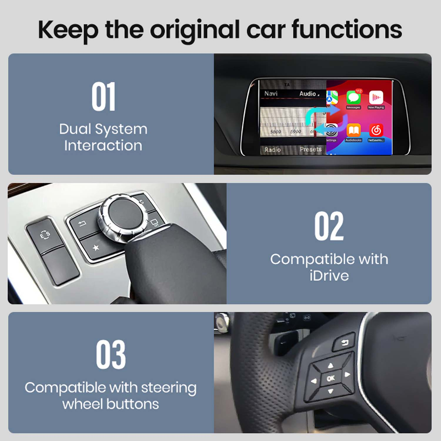 Das Bild zeigt Funktionen des Autointerieurs: Dual-System-Interaktion, iDrive-Kompatibilität und Kompatibilität mit Lenkradtasten.