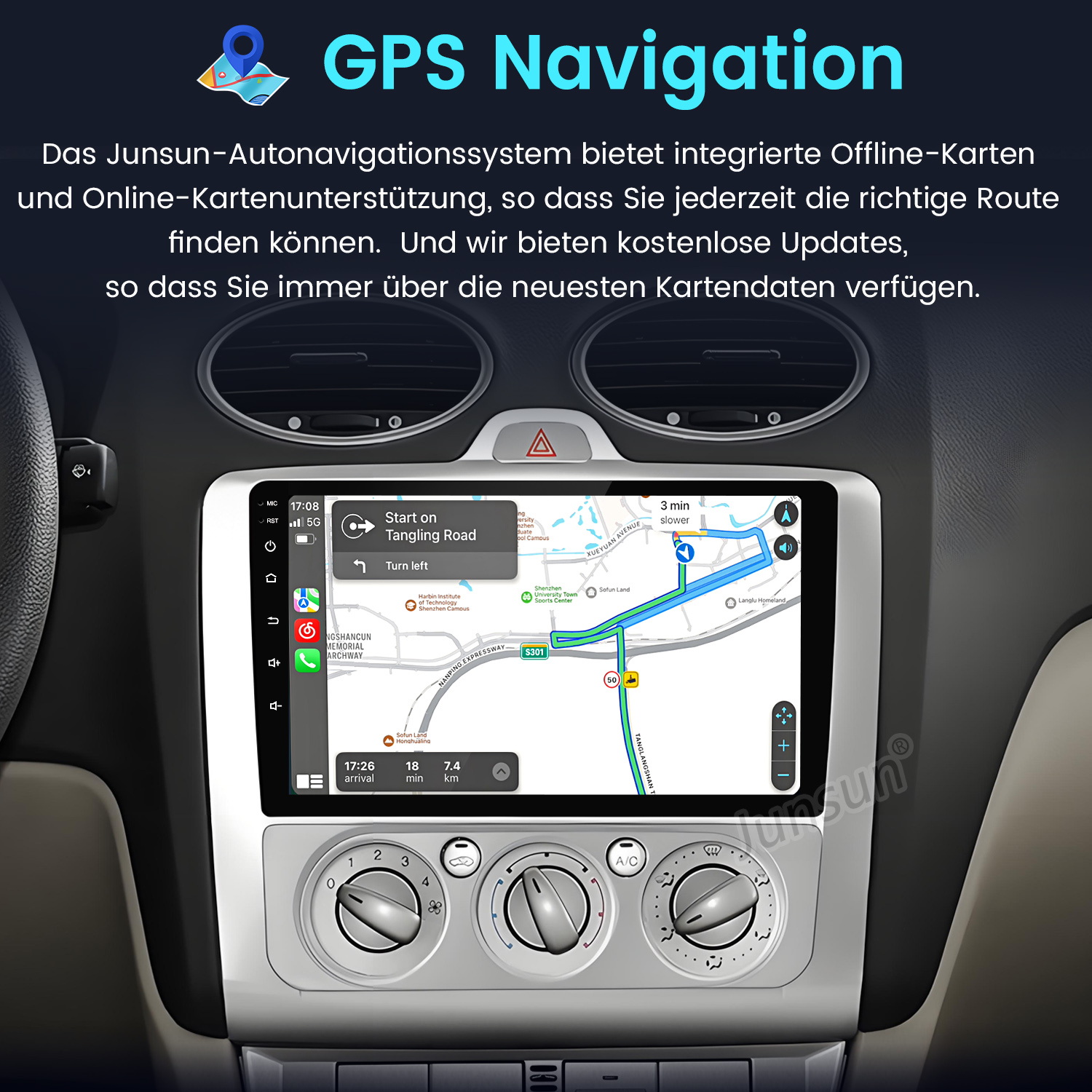 Auto-Armaturenbrett mit GPS-Navigation, das eine Karte und Routenführung mit Zeit und Entfernung anzeigt.