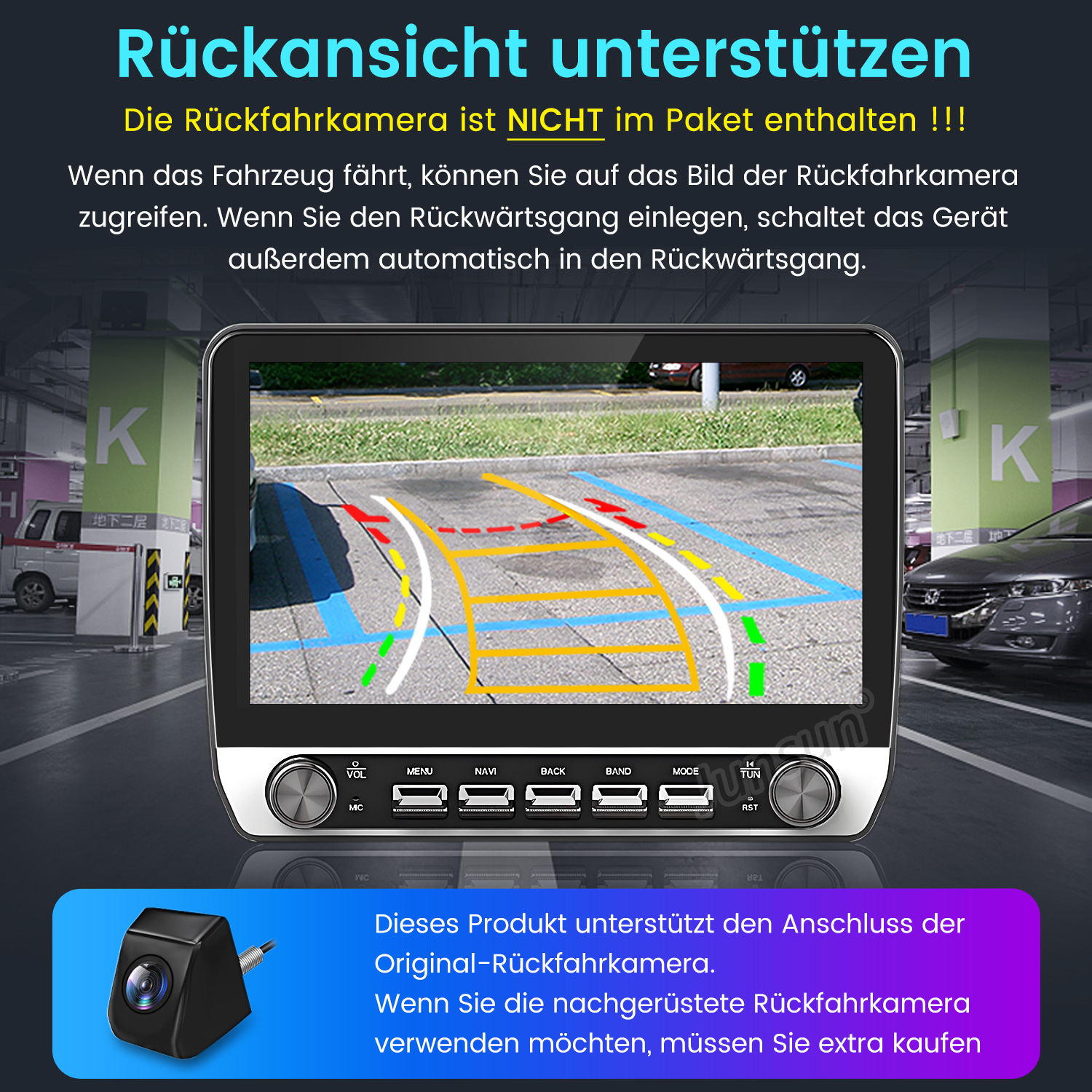 Auto-Bildschirm mit Parklinien und Parkplatz. Unten wird eine kleine Kamera angezeigt.