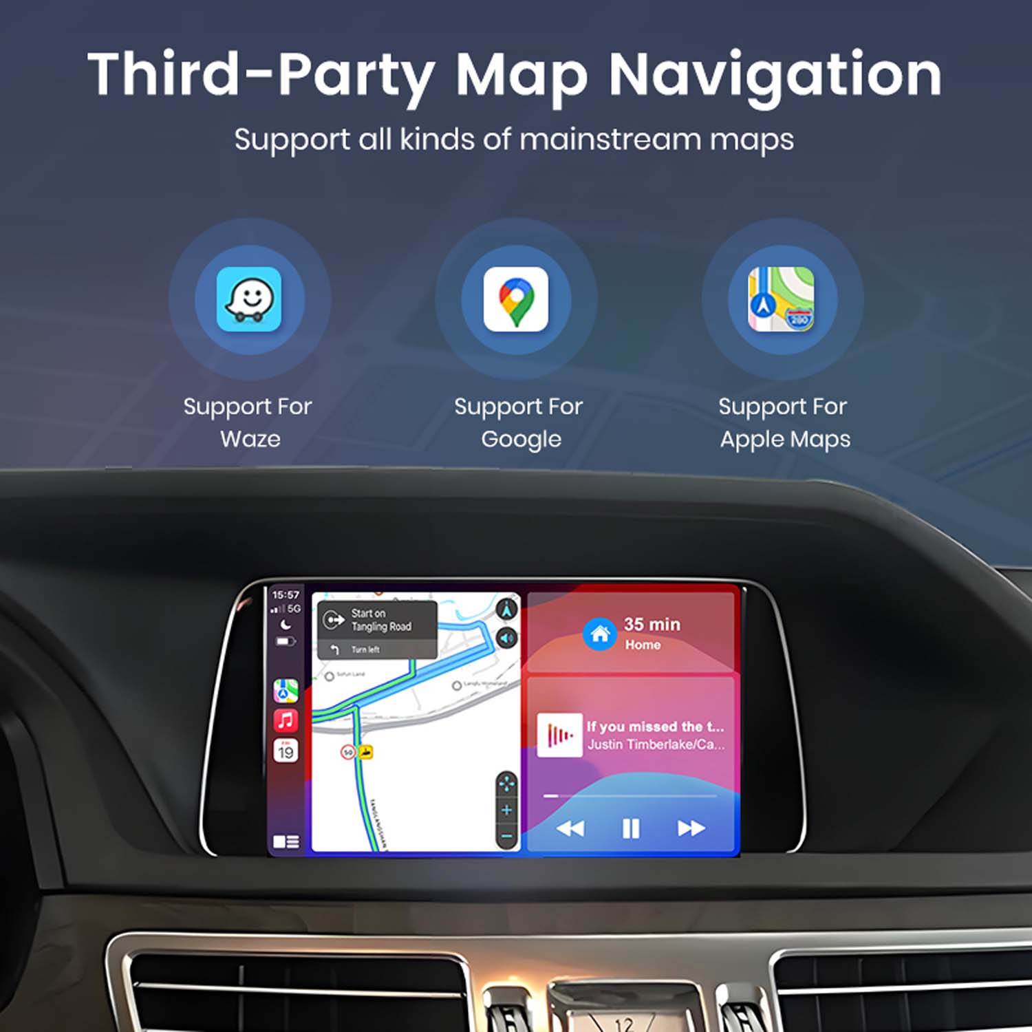 Auto-Bildschirm mit Karten-App und Musiksteuerung. Unterstützt Waze, Google Maps und Apple Maps.