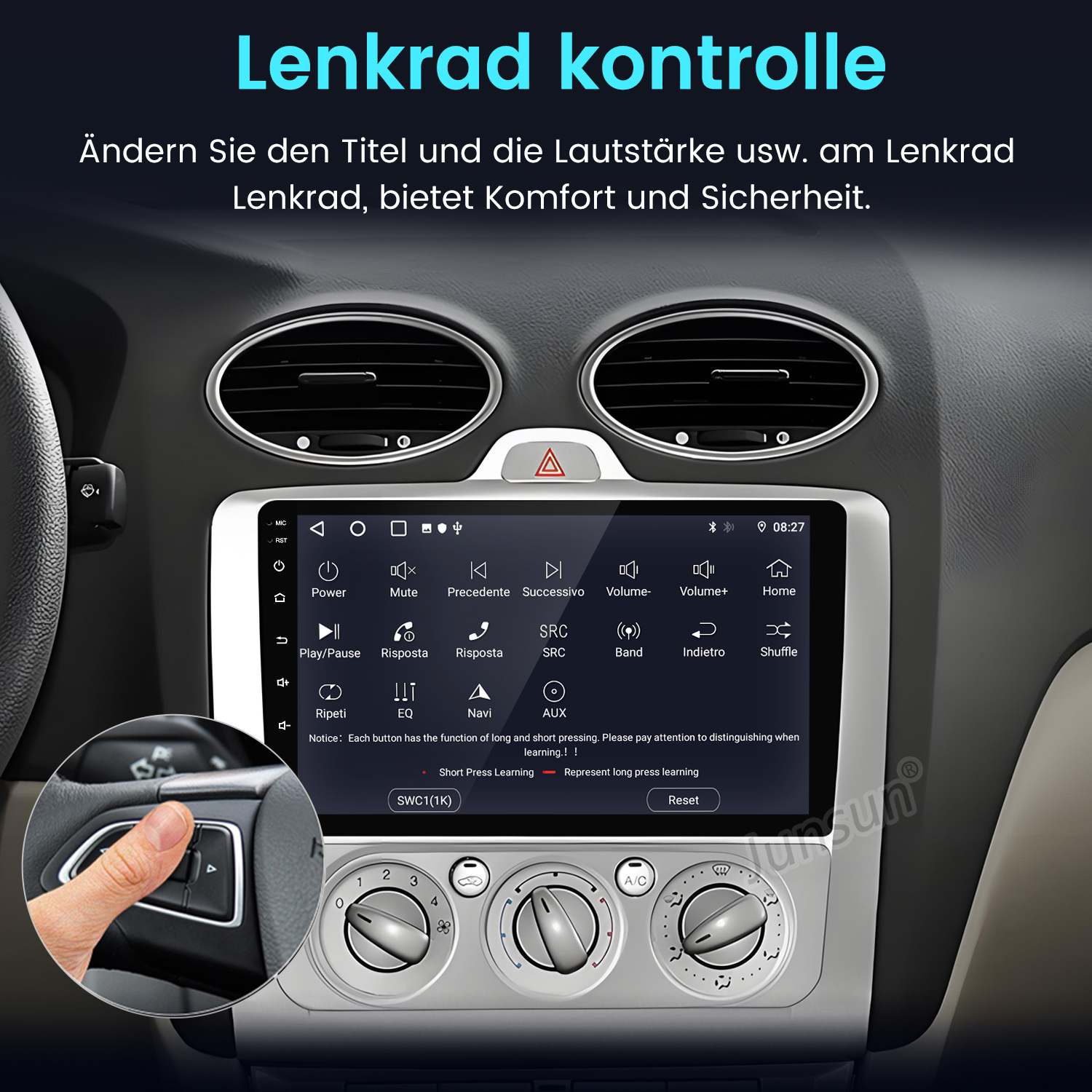 Auto-Innenraum mit Hand am Lenkrad. Ein Bildschirm zeigt Einstellungen, und das Armaturenbrett hat Klimaregler.