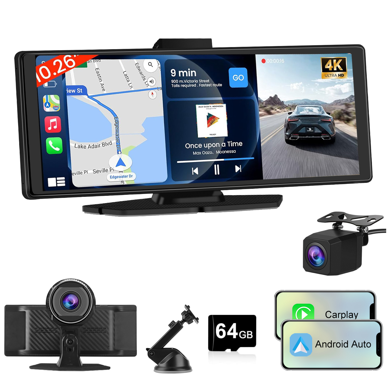 Auto-Multimedia-System mit Navigation, Video und CarPlay/Android Auto. Enthält Kameras, SD-Karte und Telefon-Displays.