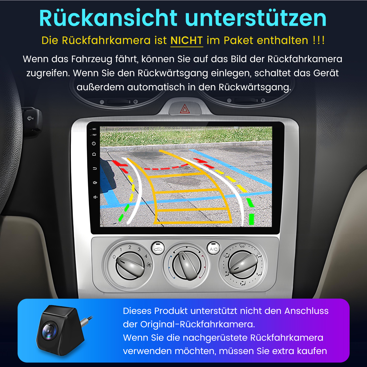Autointerieur mit Bildschirm, der eine Rückfahrkameraview zeigt. Bedienelemente unter dem Bildschirm. Text auf Deutsch.