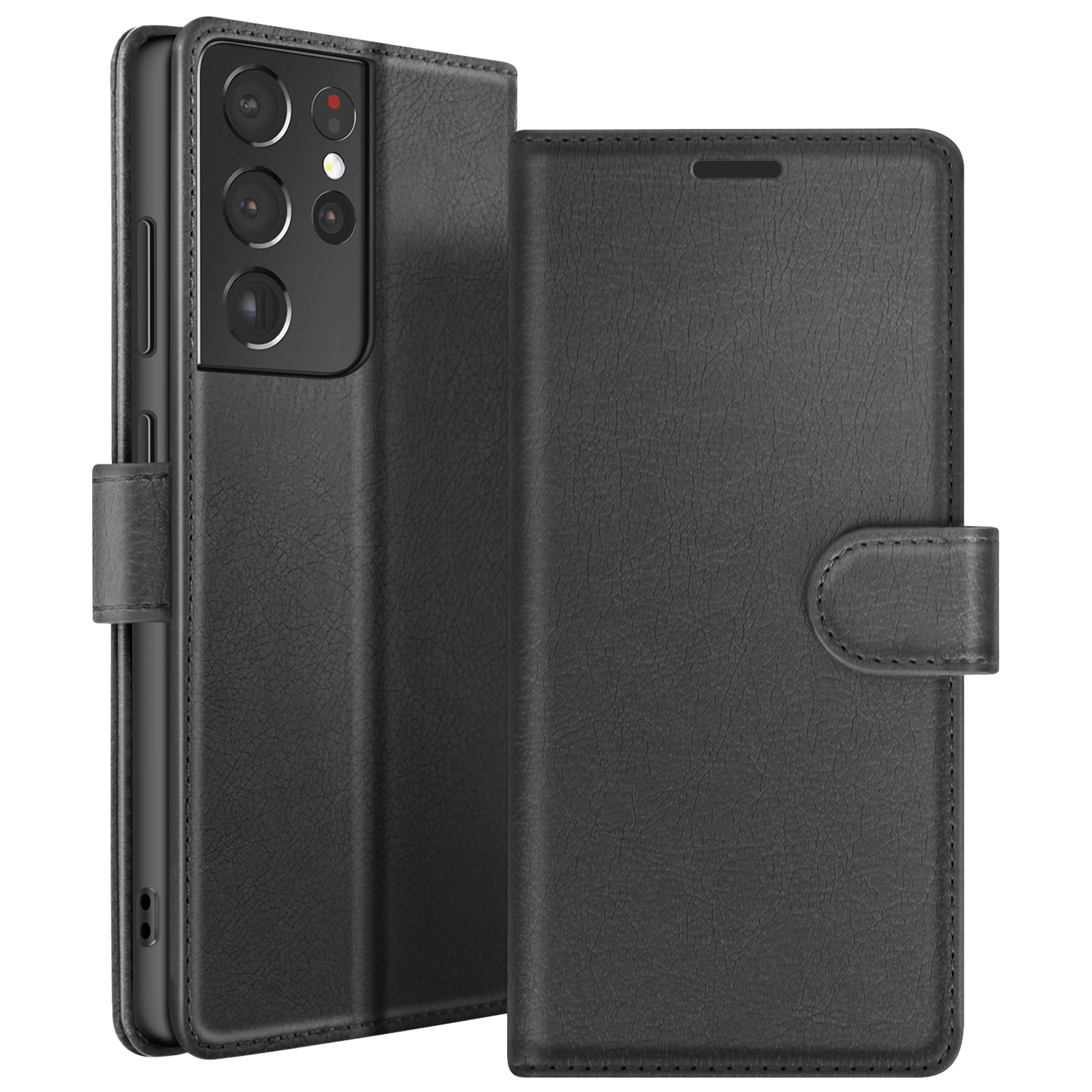 Een zwarte telefoonhoes met flap. De telefoon heeft meerdere cameralenzen. Op een witte achtergrond.
