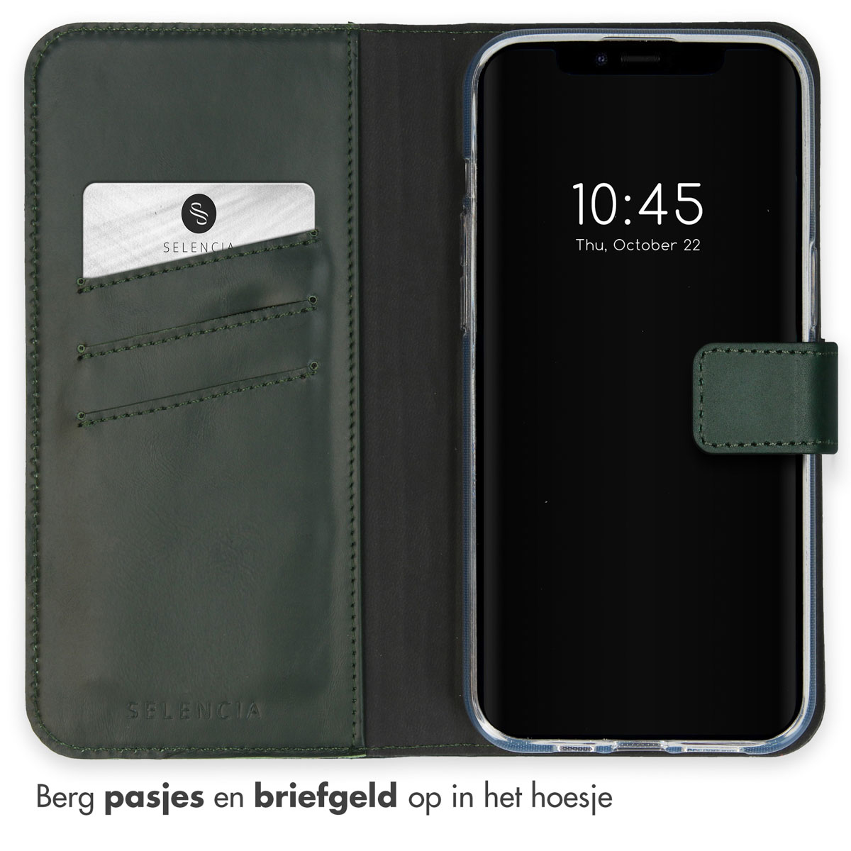 Groene telefoonhoes met telefoon die de tijd weergeeft. Creditcard in zak. Tekst onderaan: 'Berg pasjes en briefgeld op in het hoesje'.