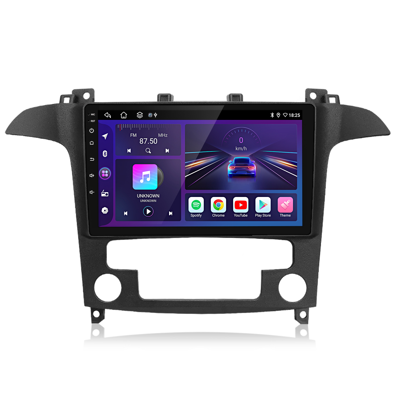 Autoradio mit Digitalanzeige. Auf dem Bildschirm ist ein Auto zu sehen, zusammen mit Bedienelementen und App-Symbolen, alles in einem schwarzen Rahmen.