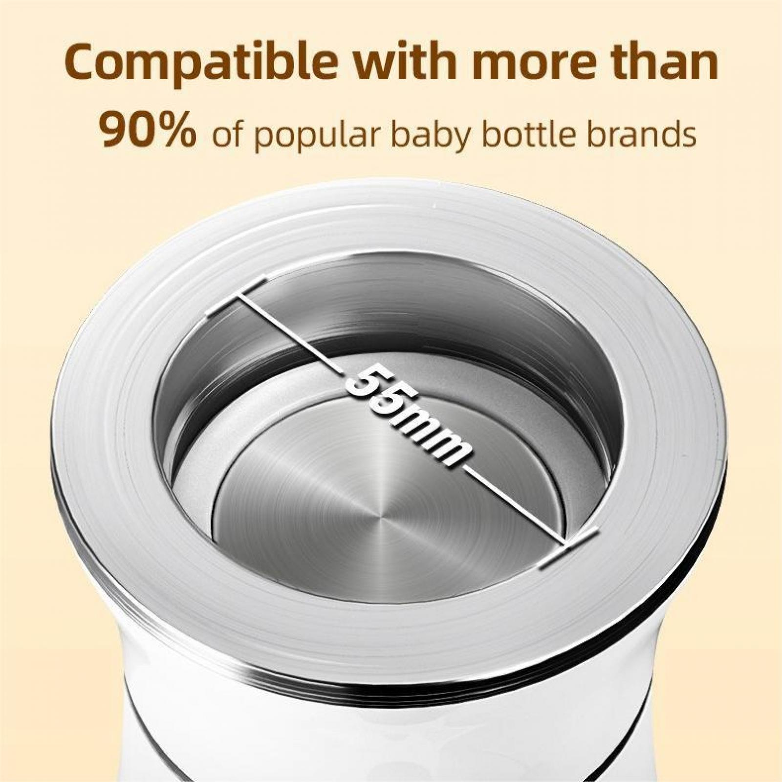 Nahaufnahme eines silbernen Flaschenteils mit 55 mm Messung. Text besagt, dass es mit über 90 % der Babyflaschenmarken kompatibel ist.