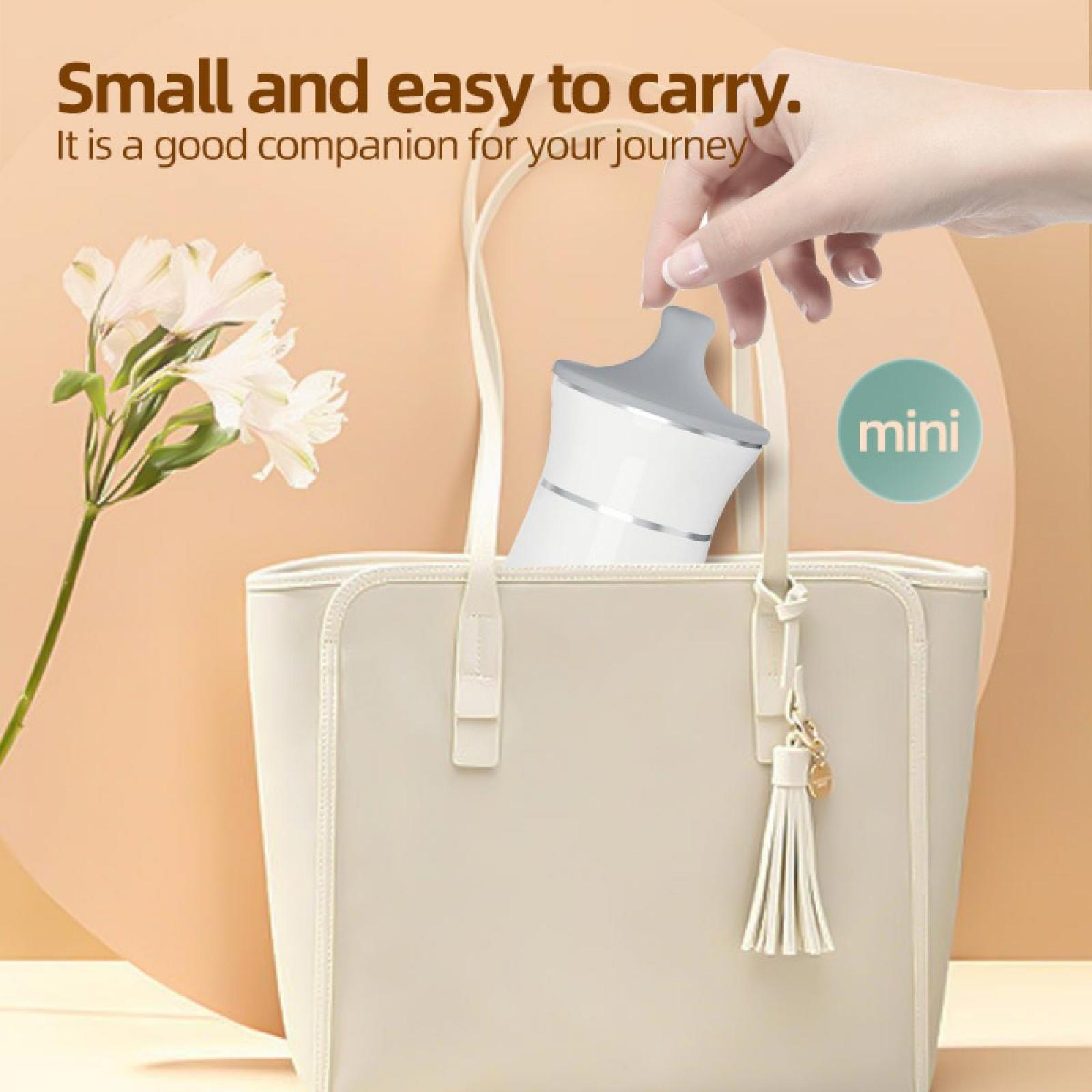 Eine Hand legt ein kleines weiß-graues Gerät in eine beige Handtasche. Blumen und das Wort 'mini' sind sichtbar.