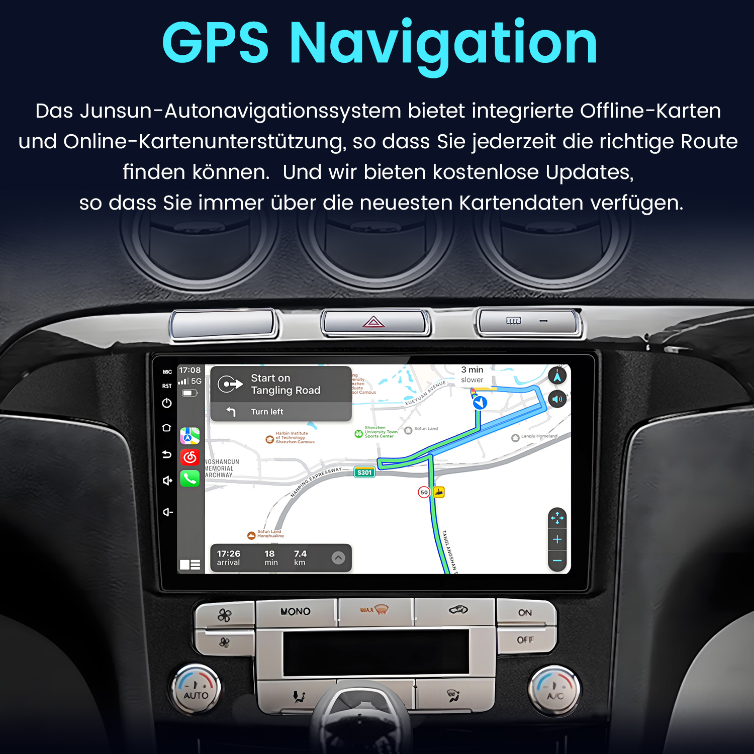 Auto-GPS-Navigationsbildschirm mit Karte und Wegangaben. Das Armaturenbrett zeigt Bedienelemente für die Fahrzeugsysteme.