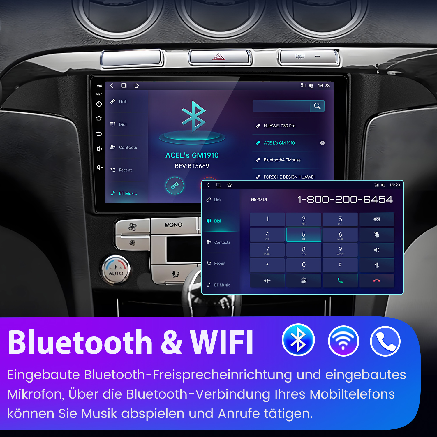 Auto-Infotainmentsystem mit Bluetooth- und WLAN-Funktionen, das auf einem Bildschirm angezeigt wird und eine Telefonwählfunktion hat.