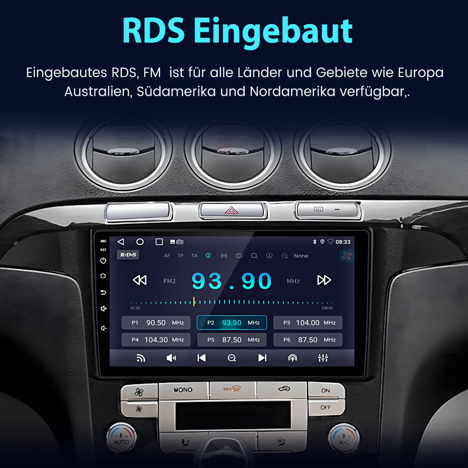 Autoradio mit Digitalanzeige, die die Frequenz 93,90 MHz anzeigt. Über dem Radio befinden sich Lüftungsschlitze. Oben steht 'RDS Eingebaut'.